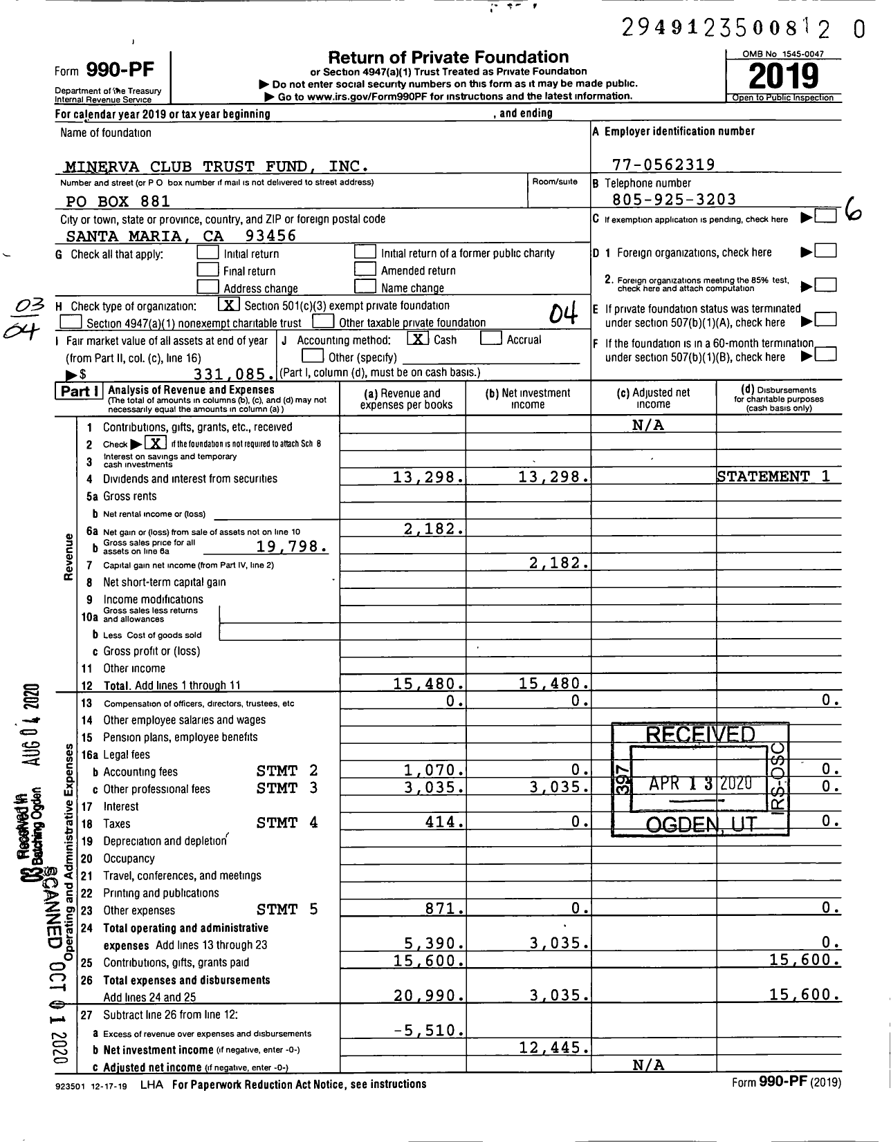 Image of first page of 2019 Form 990PR for Minerva Club Trust Fund