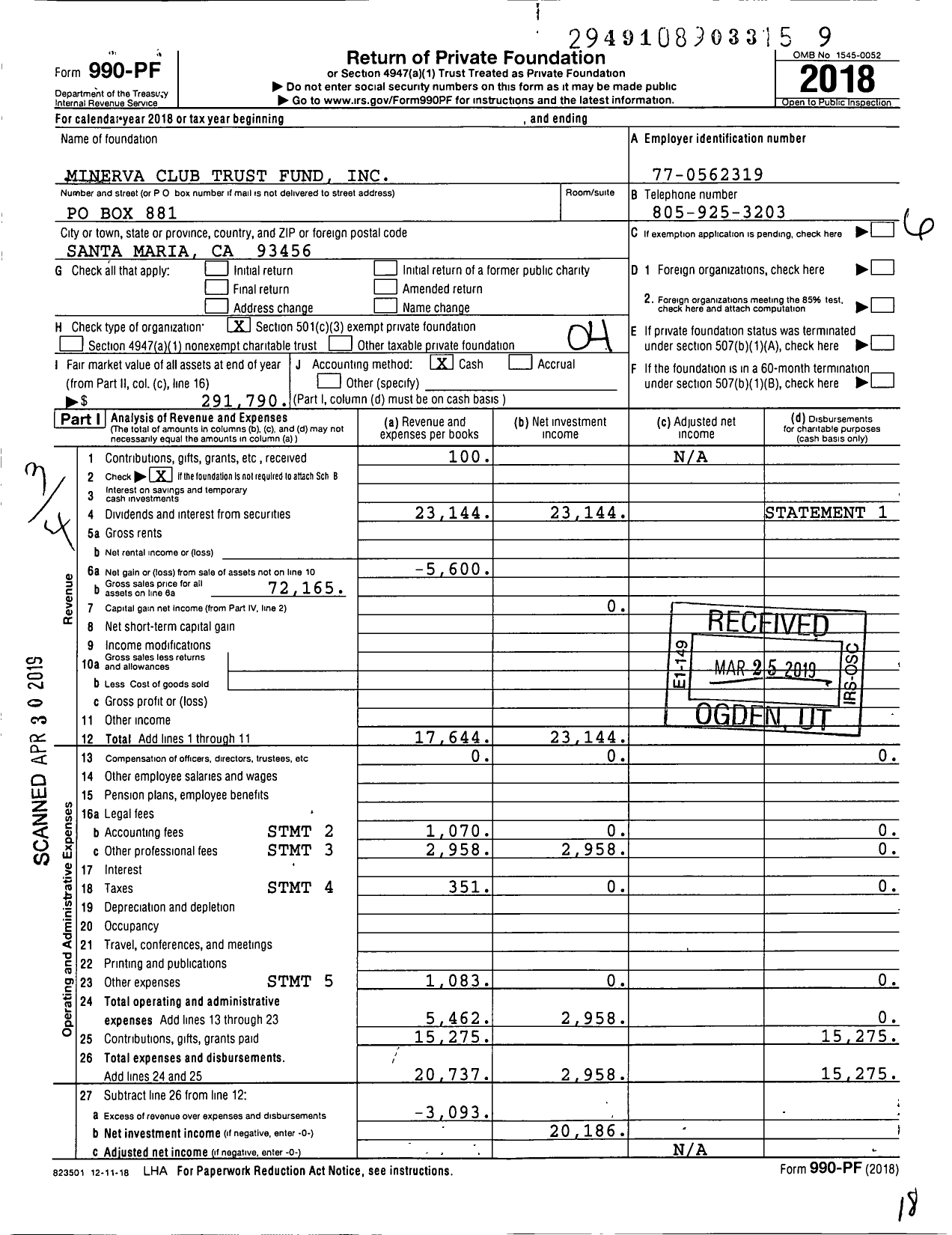 Image of first page of 2018 Form 990PF for Minerva Club Trust Fund