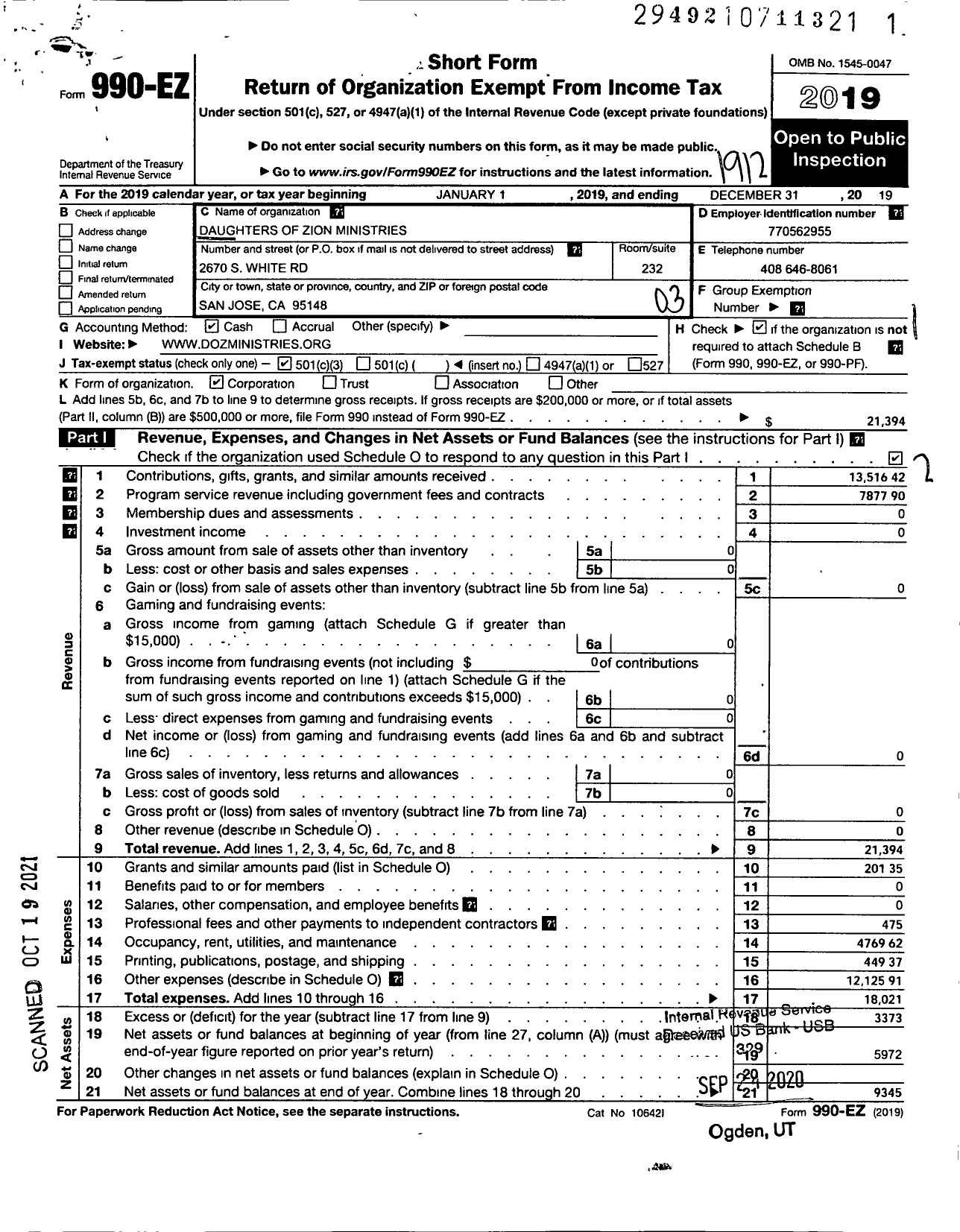 Image of first page of 2019 Form 990EZ for Daughters of Zion Ministries