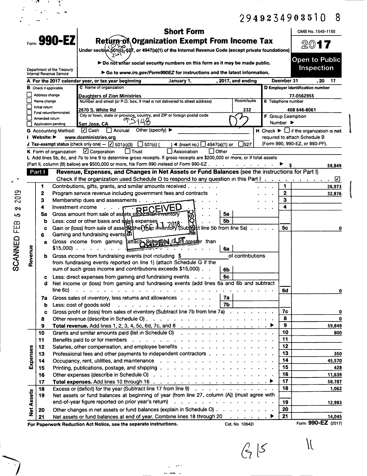 Image of first page of 2017 Form 990EZ for Daughters of Zion Ministries