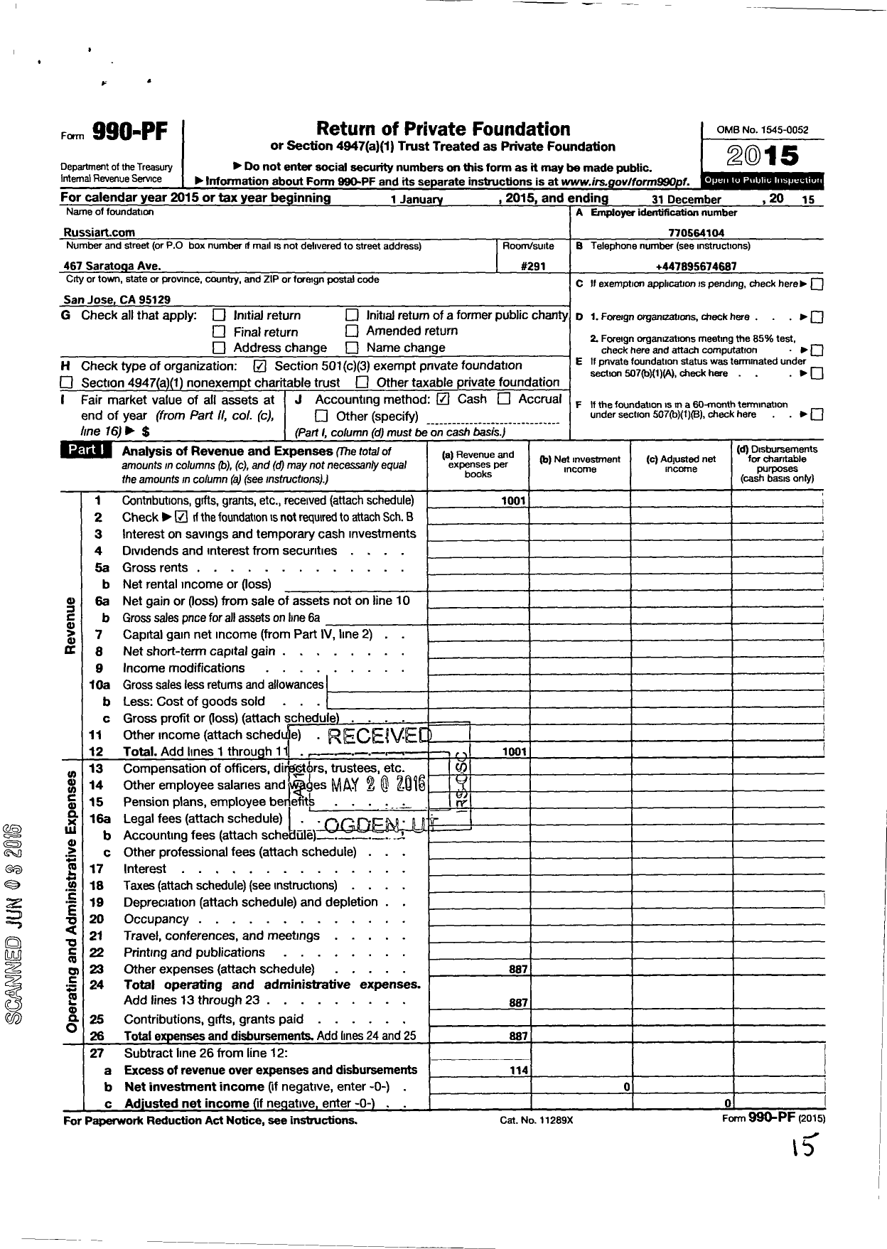 Image of first page of 2015 Form 990PF for Russiart Com