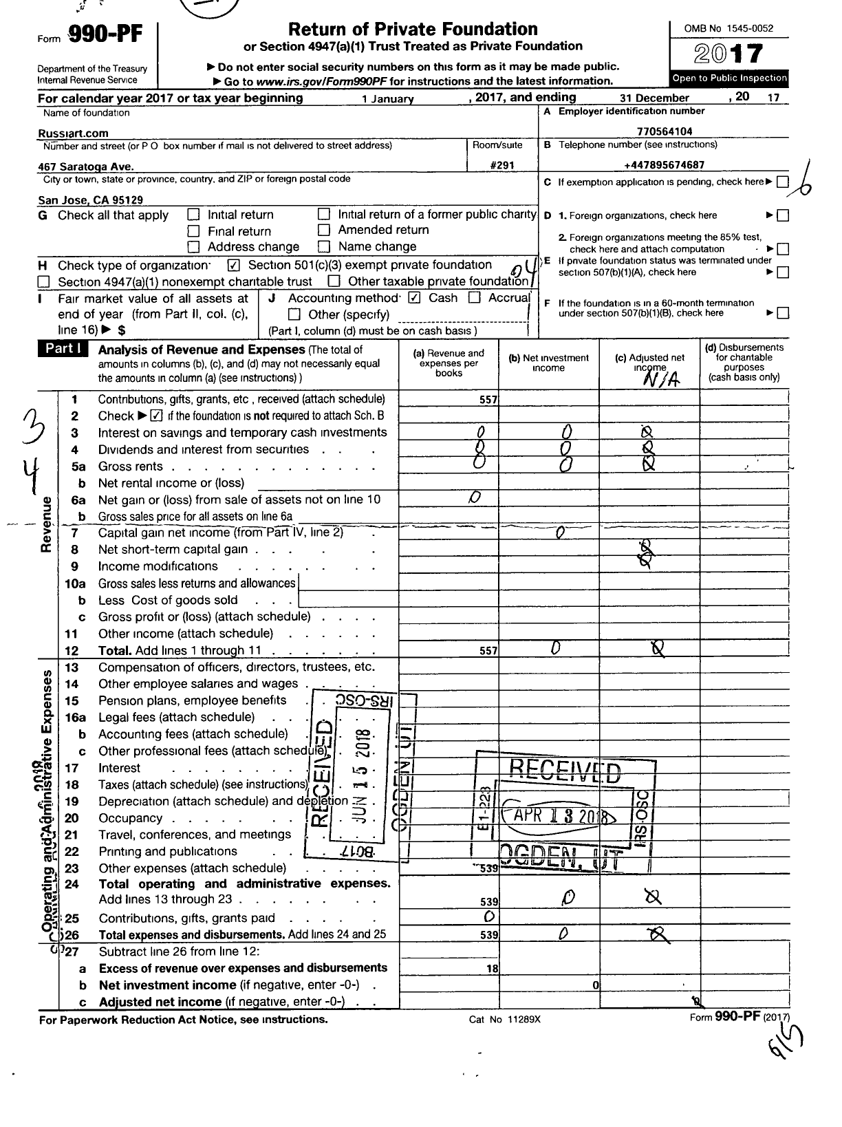 Image of first page of 2017 Form 990PF for Russiart Com