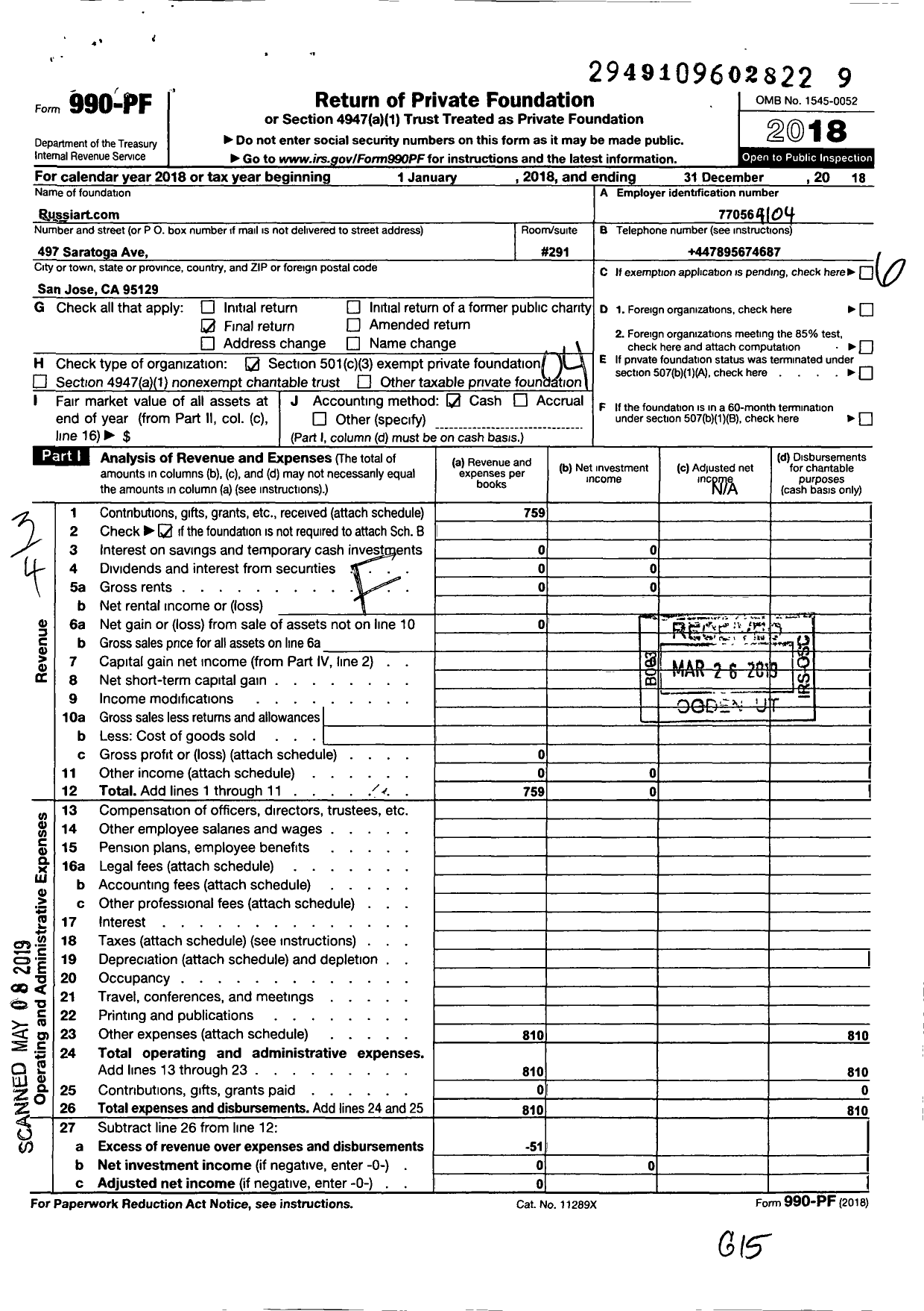 Image of first page of 2018 Form 990PF for Russiart Com