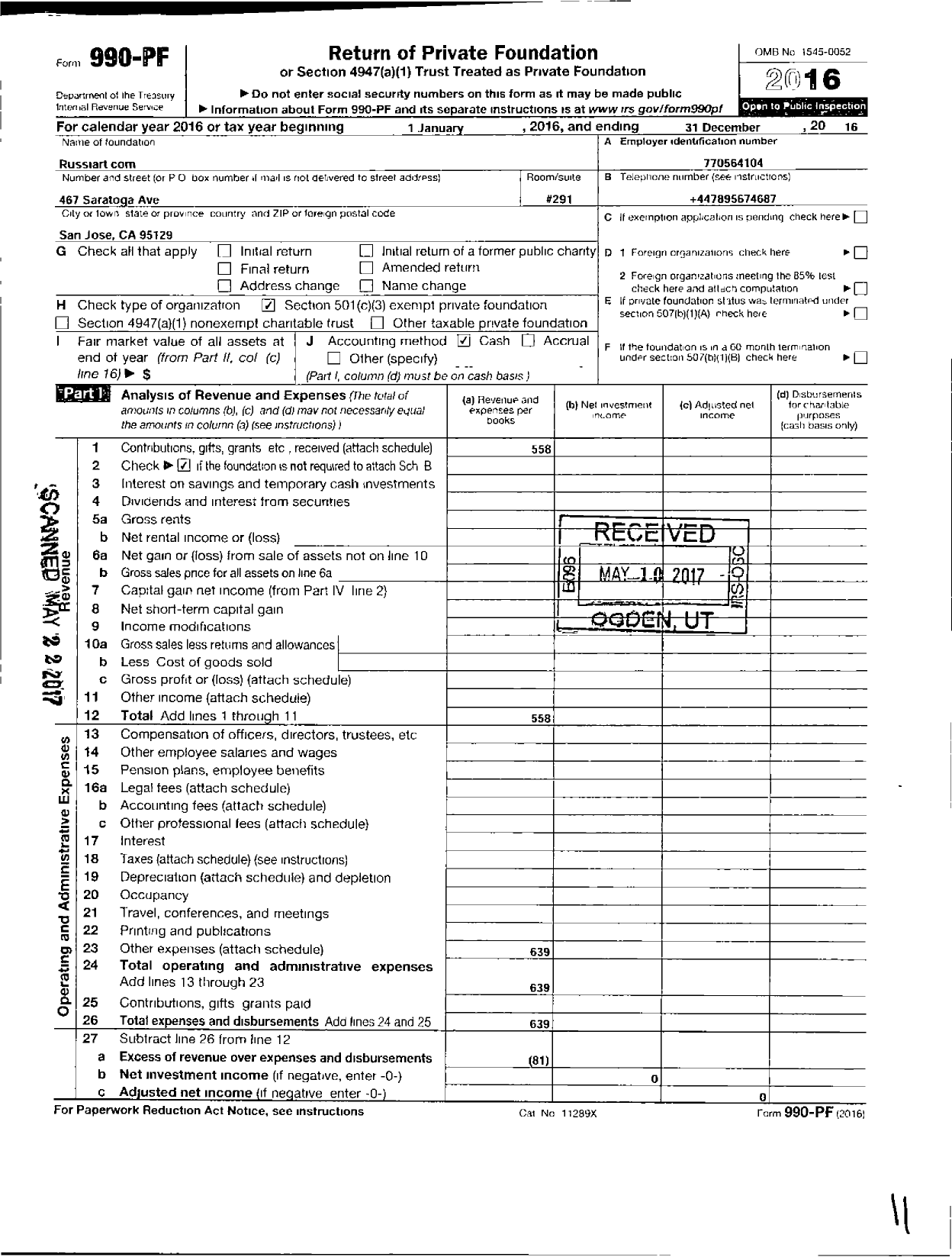 Image of first page of 2016 Form 990PF for Russiart Com