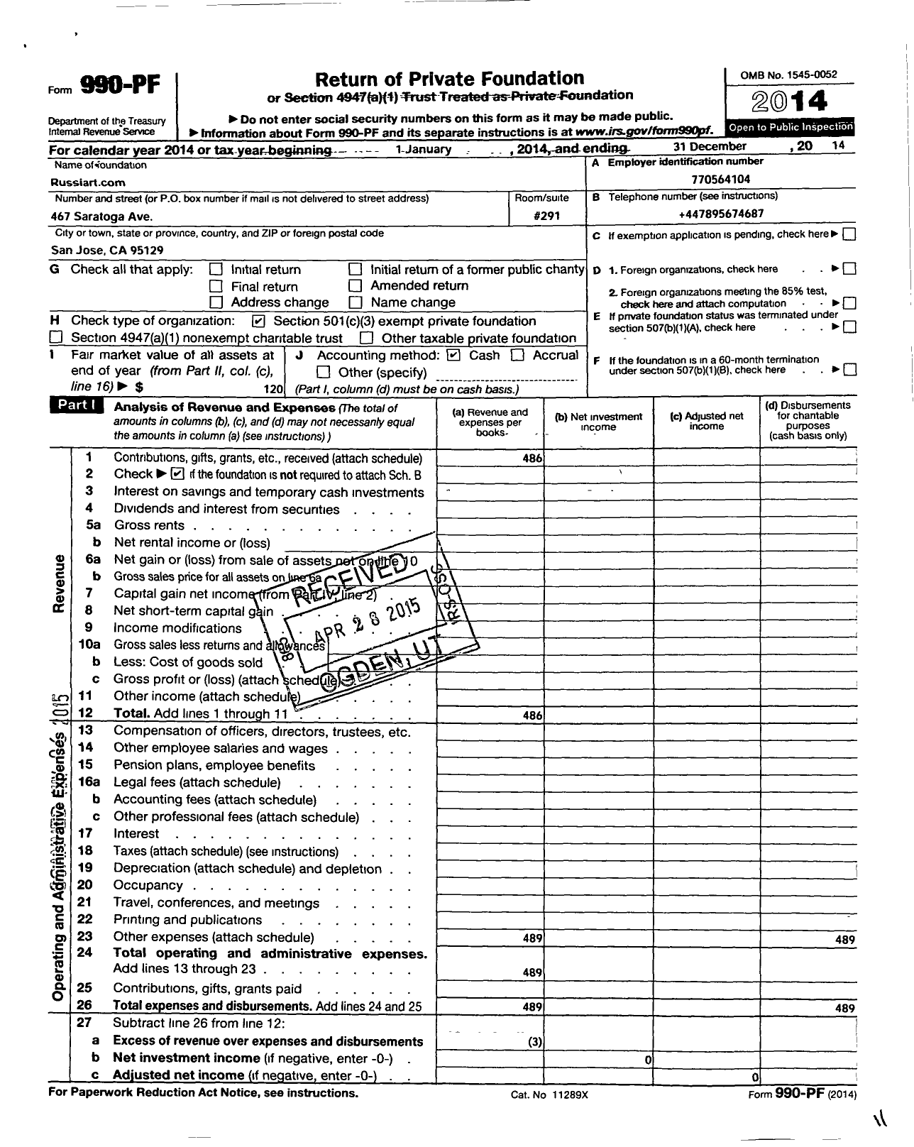 Image of first page of 2014 Form 990PF for Russiart Com