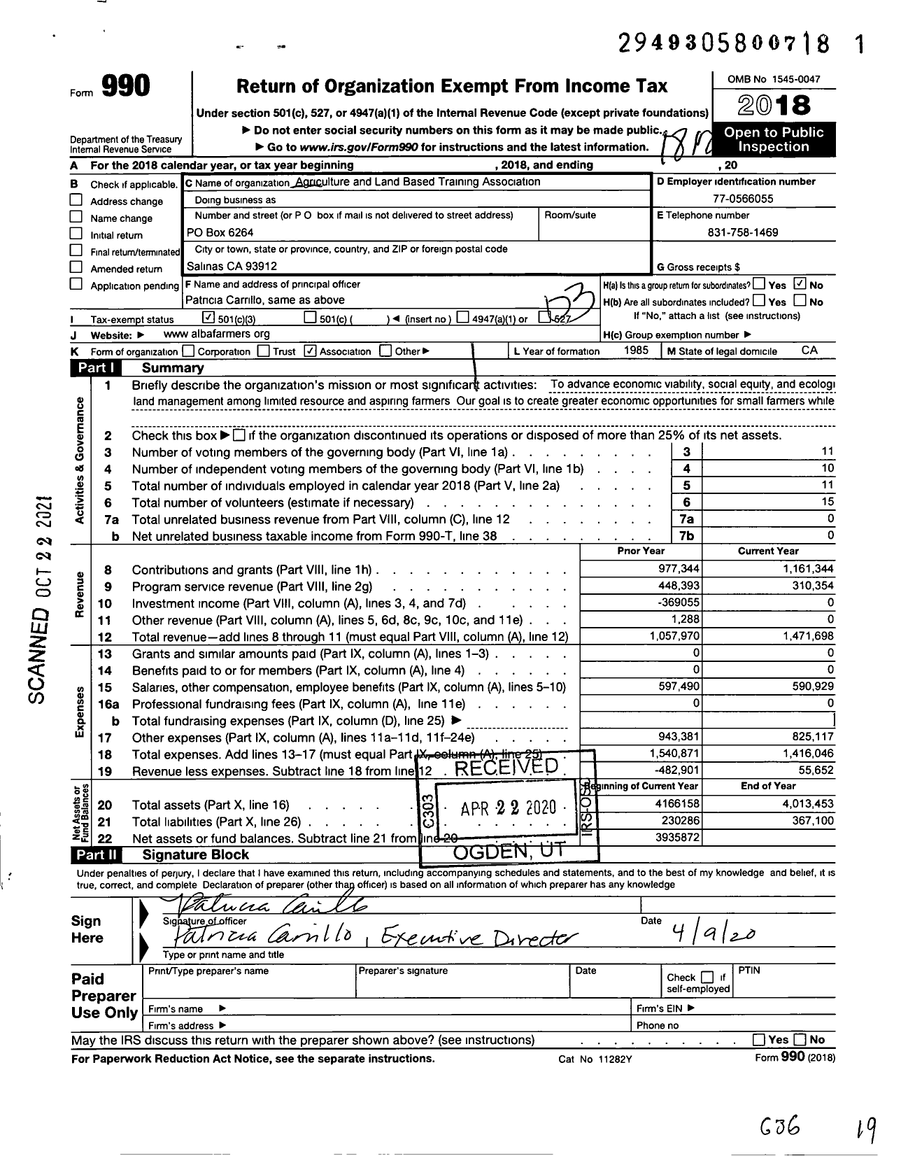 Image of first page of 2018 Form 990 for Agriculture and Land Based Training Association