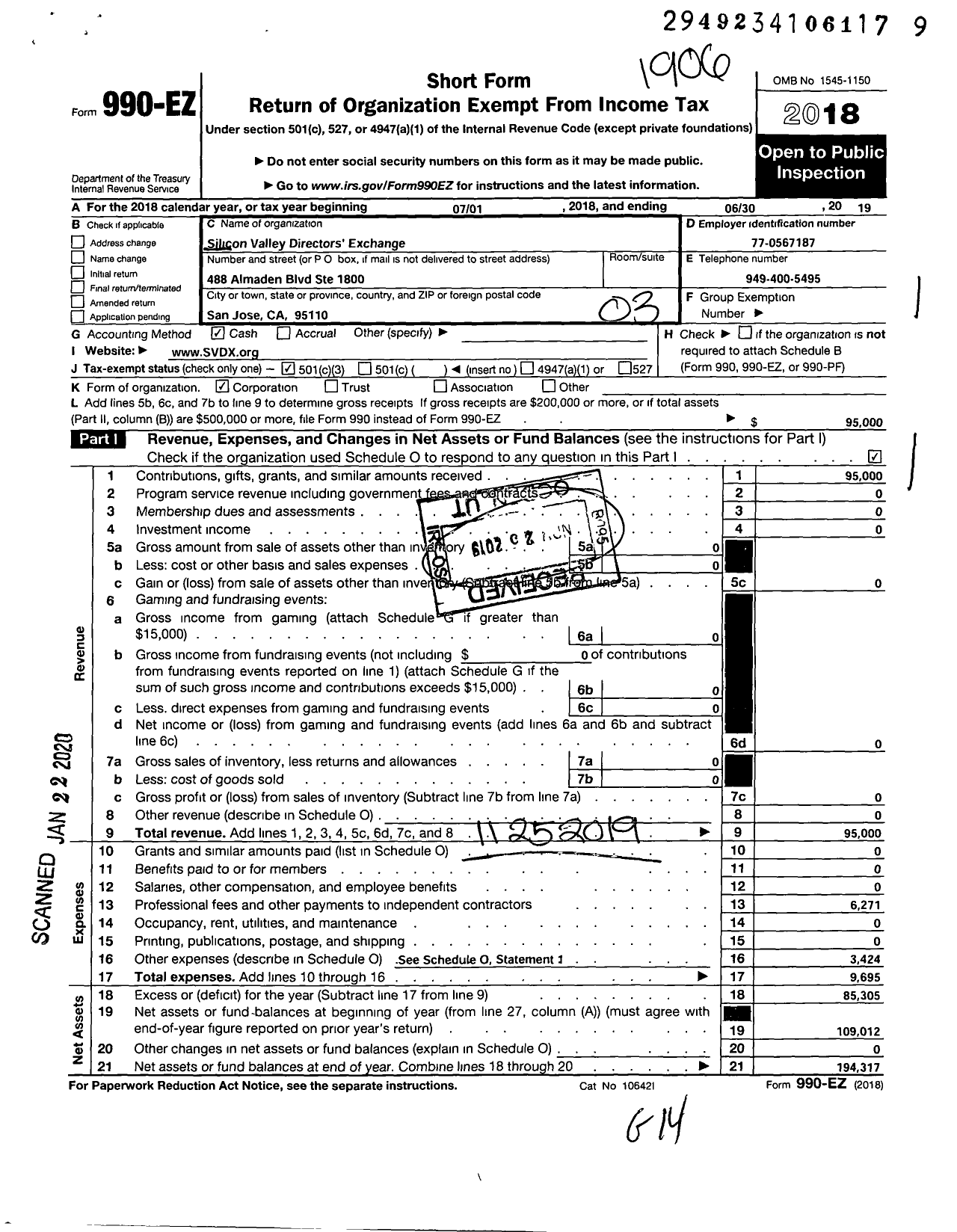 Image of first page of 2018 Form 990EZ for Silicon Valley Directors Exchange