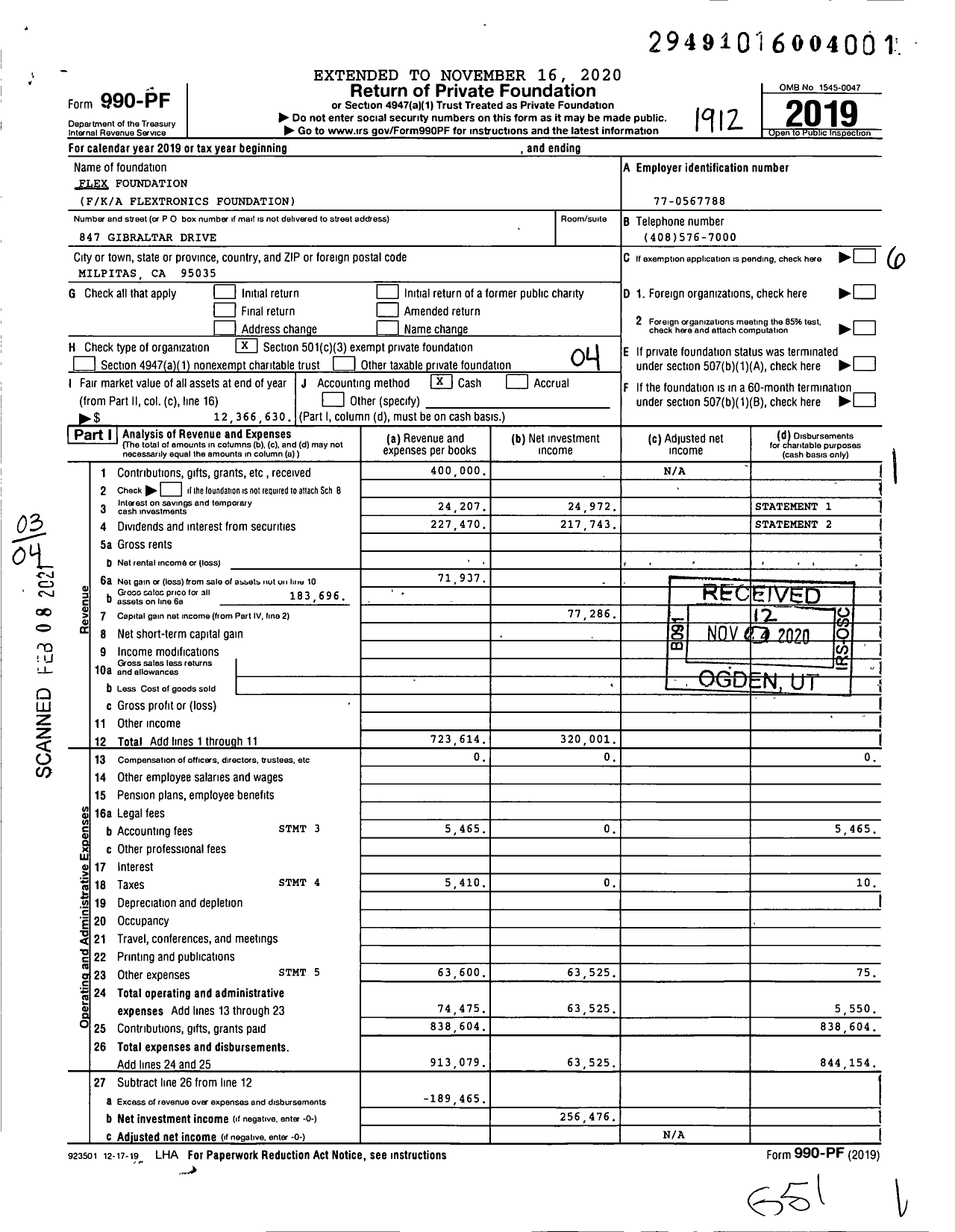 Image of first page of 2019 Form 990PF for Flextronics Foundation