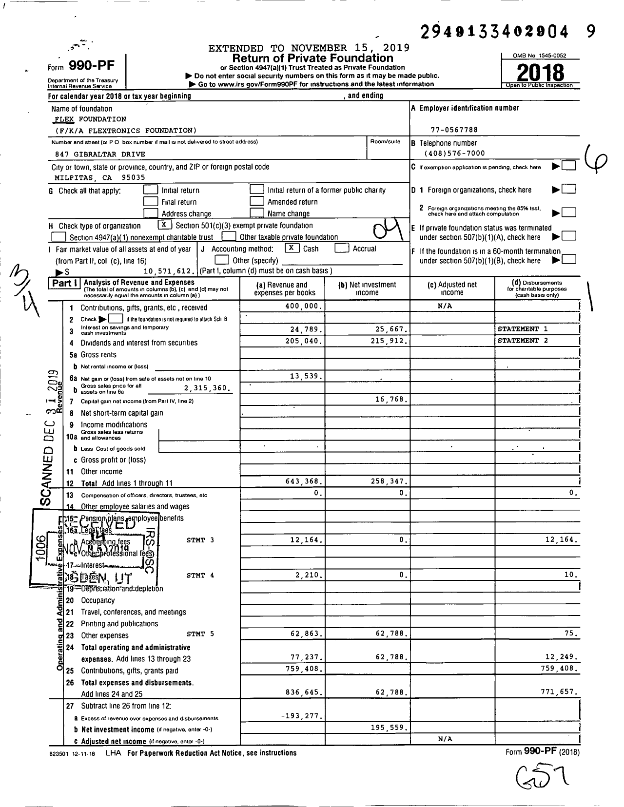 Image of first page of 2018 Form 990PF for Flextronics Foundation