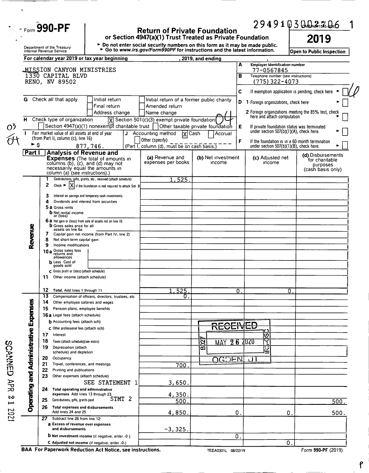 Image of first page of 2019 Form 990PF for Mission Canyon Ministries
