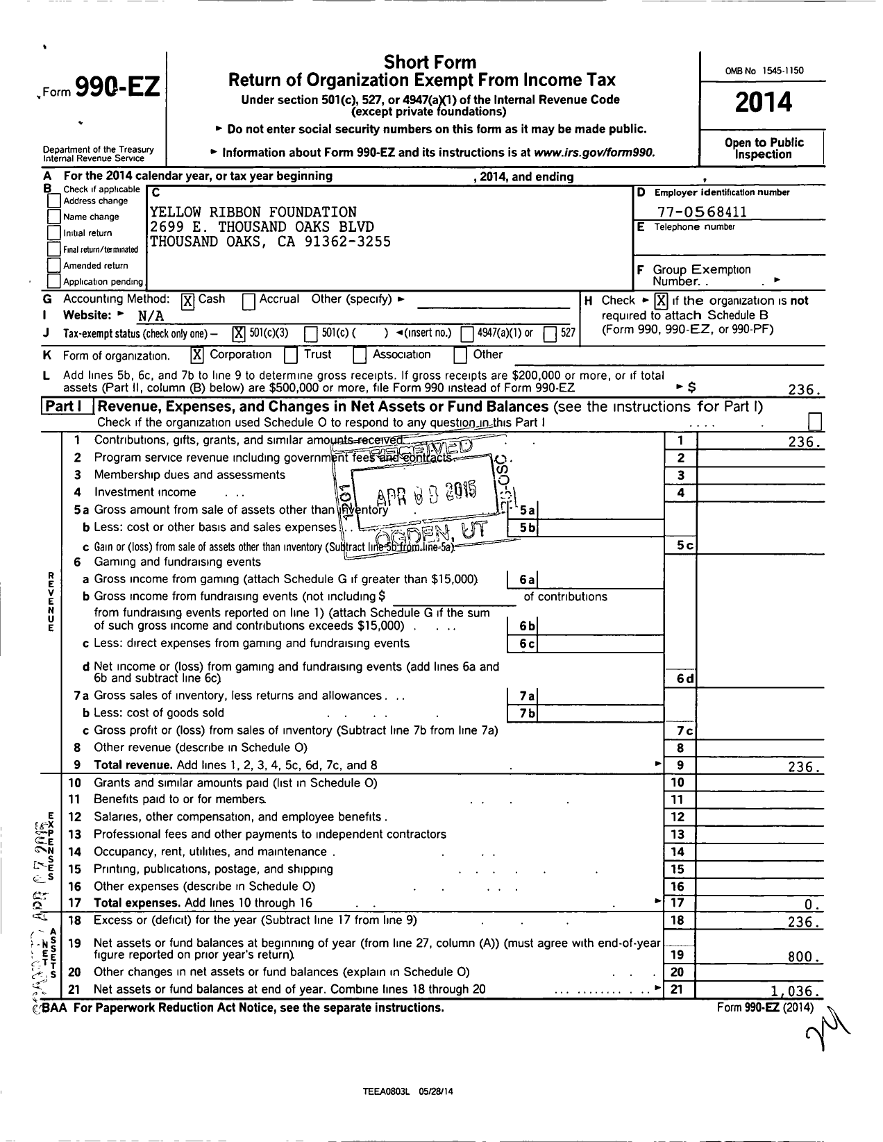 Image of first page of 2014 Form 990EZ for Yellow Ribbon Foundation