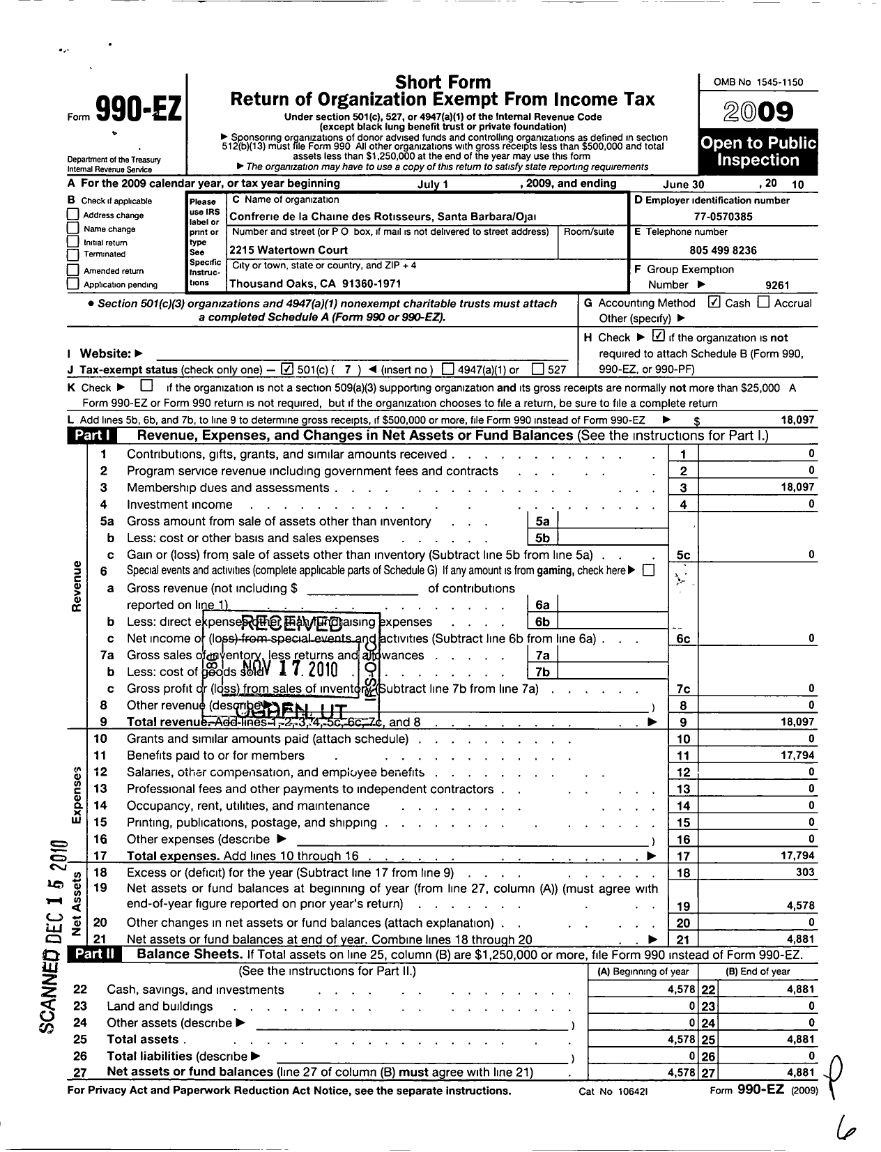 Image of first page of 2009 Form 990EO for Confrerie De-La-Chaine Des Rotisseurs / Santa Barbara Y Ojai Bailliage