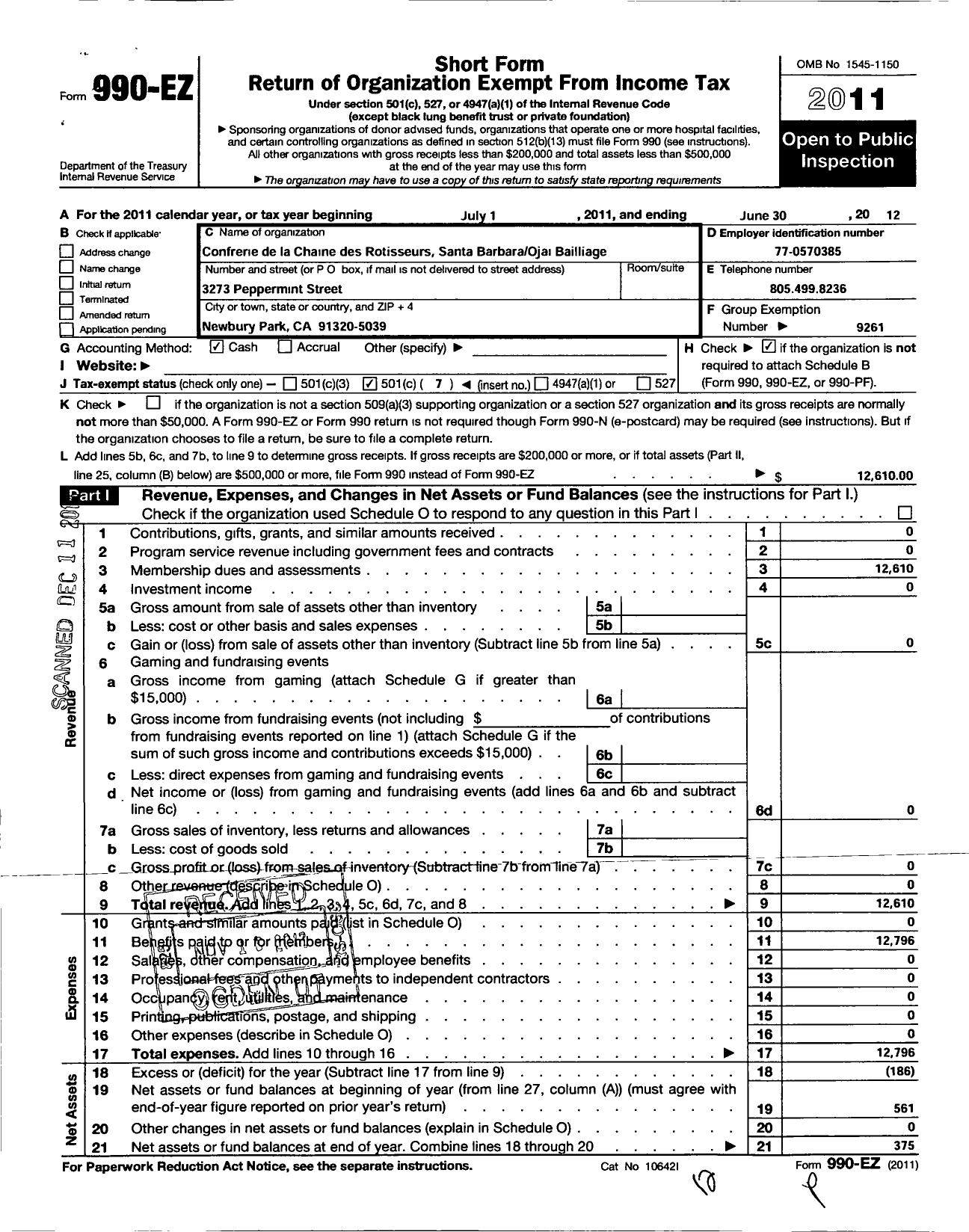 Image of first page of 2011 Form 990EO for Confrerie De-La-Chaine Des Rotisseurs / Santa Barbara Y Ojai Bailliage