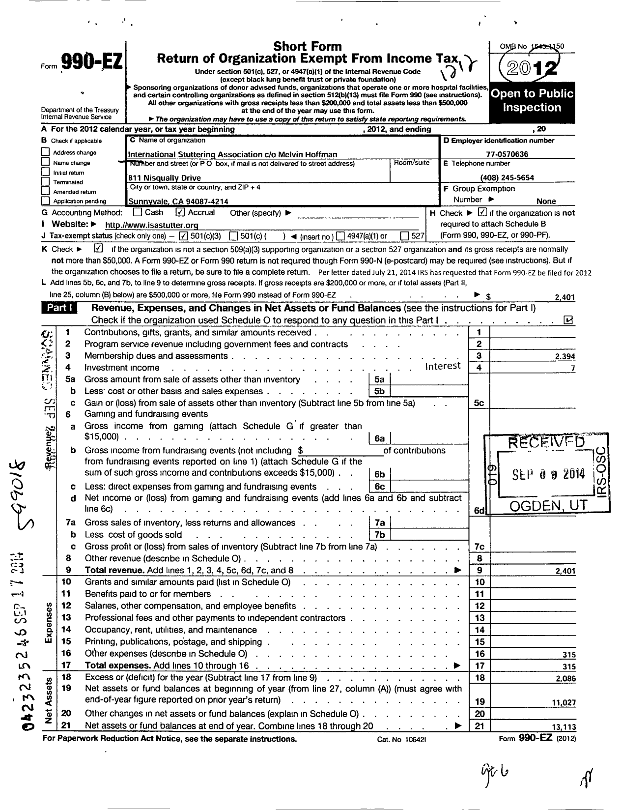 Image of first page of 2012 Form 990EZ for International Stuttering Association