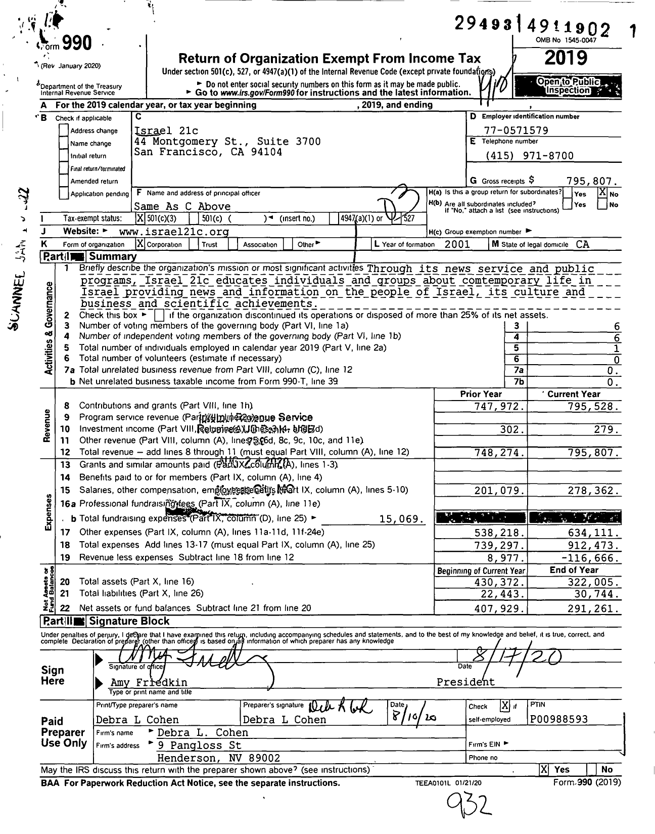 Image of first page of 2019 Form 990 for Israel 21c