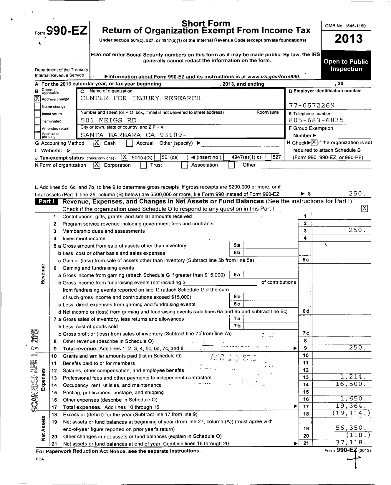 Image of first page of 2013 Form 990EZ for Center for Injury Research