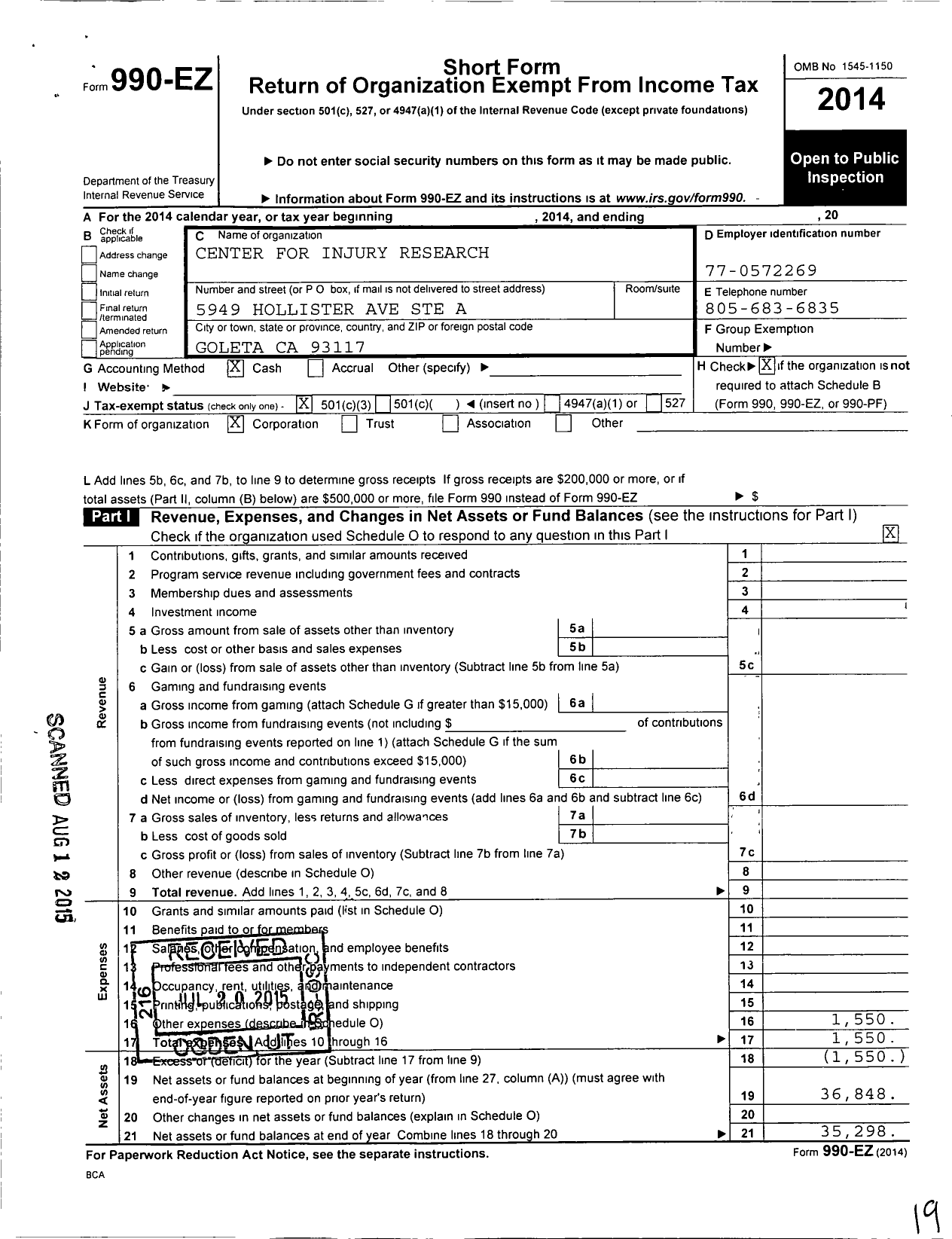 Image of first page of 2014 Form 990EZ for Center for Injury Research