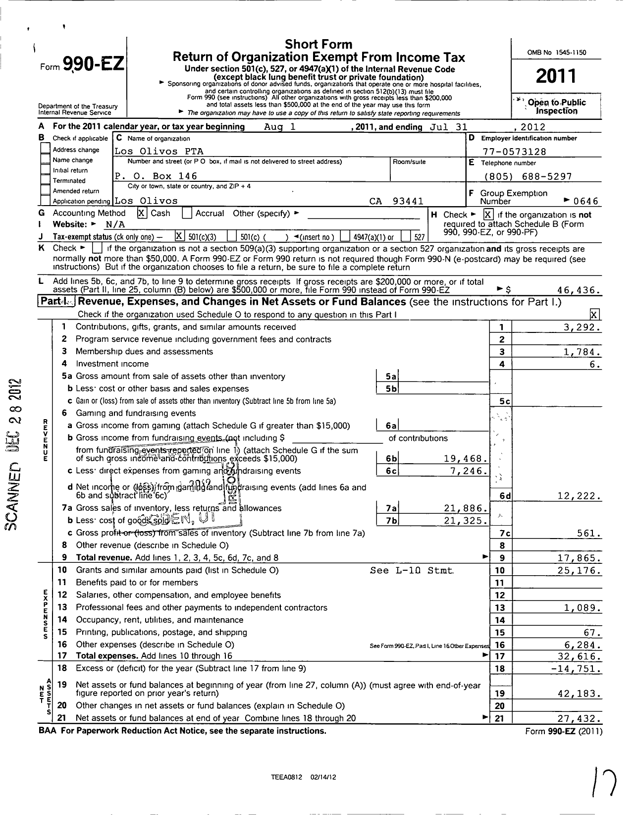Image of first page of 2011 Form 990EZ for California State PTA - Los Olivos PTA