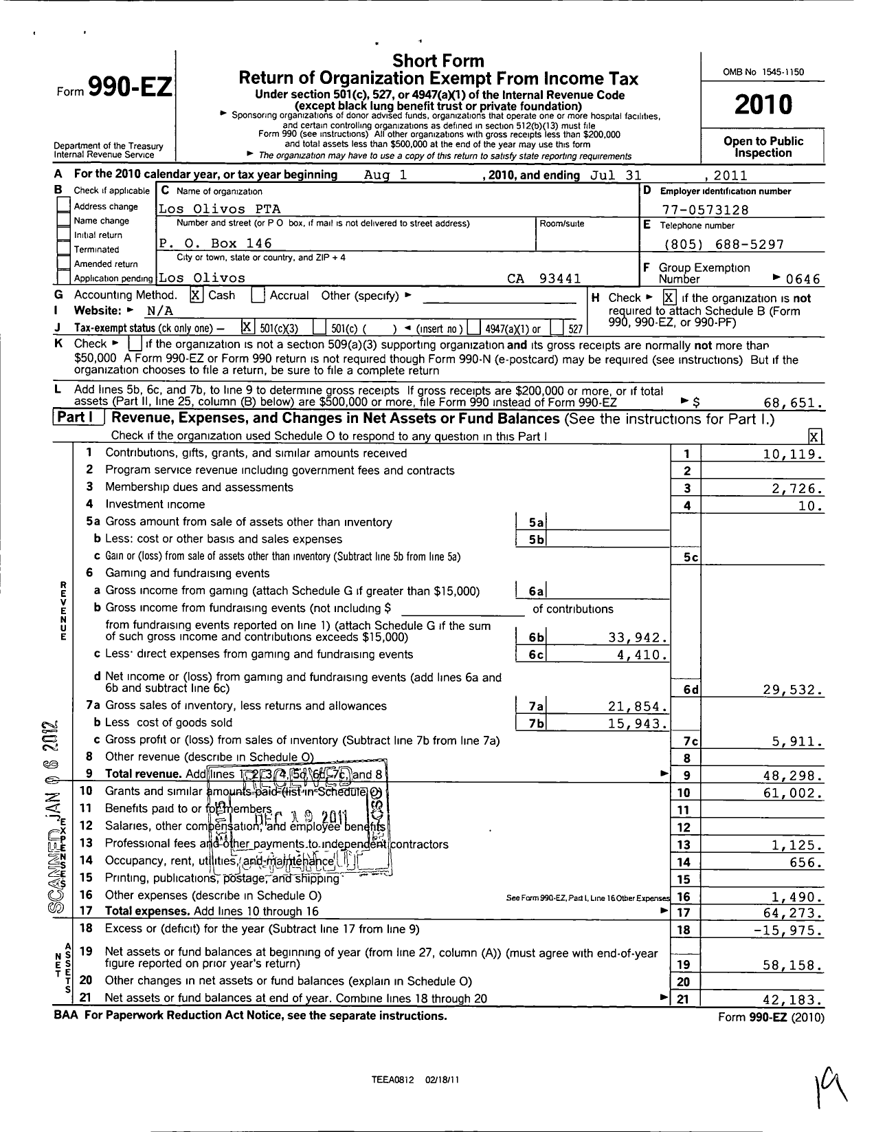 Image of first page of 2010 Form 990EZ for California State PTA - Los Olivos PTA