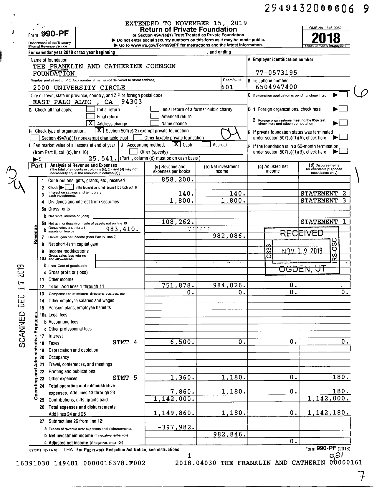Image of first page of 2018 Form 990PF for The Franklin and Catherine Johnson Foundation