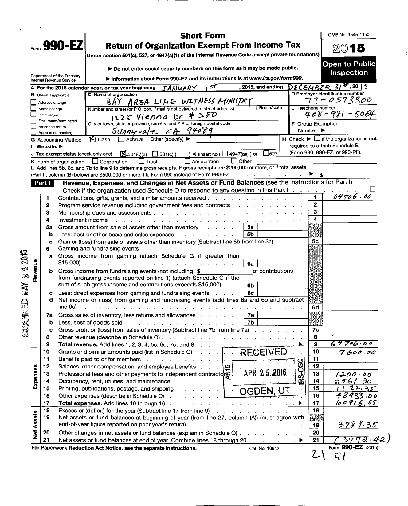 Image of first page of 2015 Form 990EZ for Bay Area Life Witness Ministry