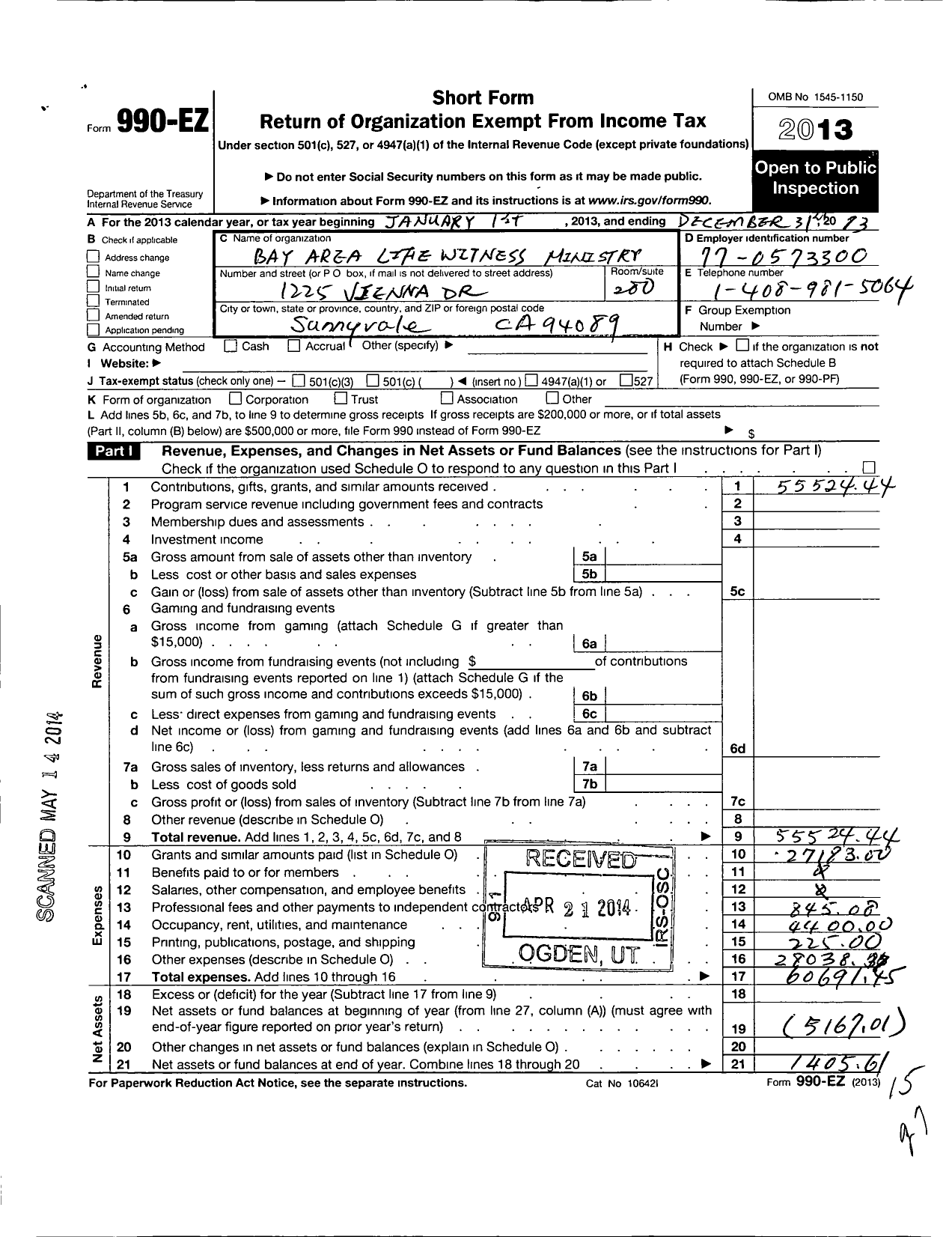 Image of first page of 2013 Form 990EO for Bay Area Life Witness Ministry