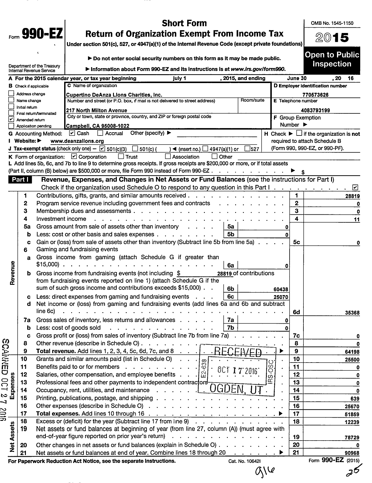Image of first page of 2015 Form 990EZ for Cupertino Deanza Lions Charities
