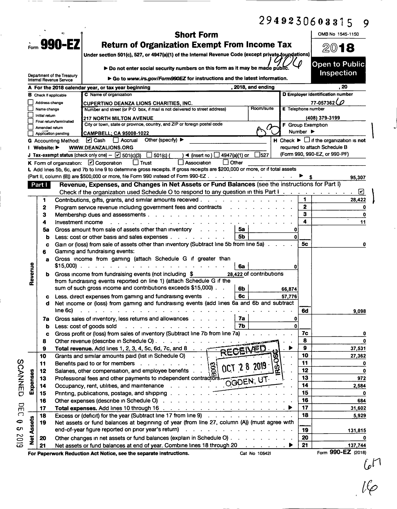 Image of first page of 2018 Form 990EZ for Cupertino Deanza Lions Charities