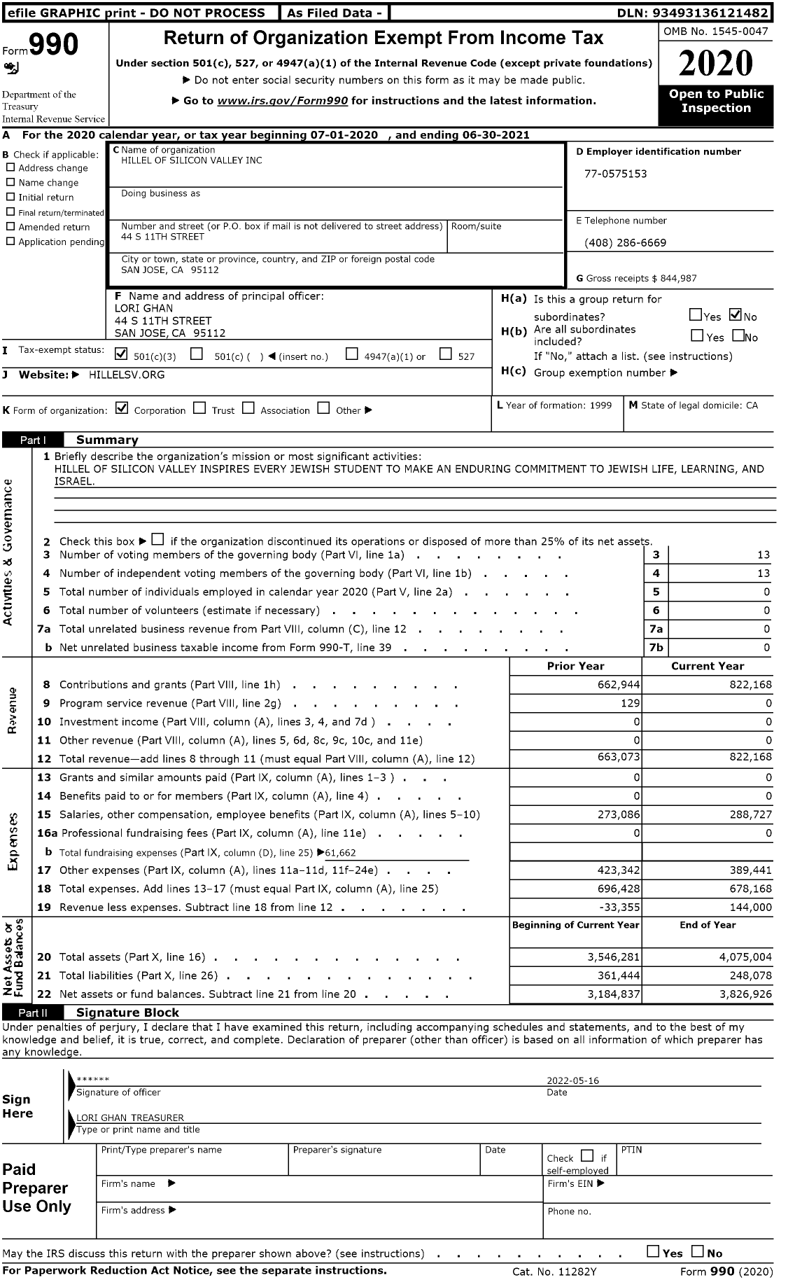 Image of first page of 2020 Form 990 for Hillel of Silicon Valley