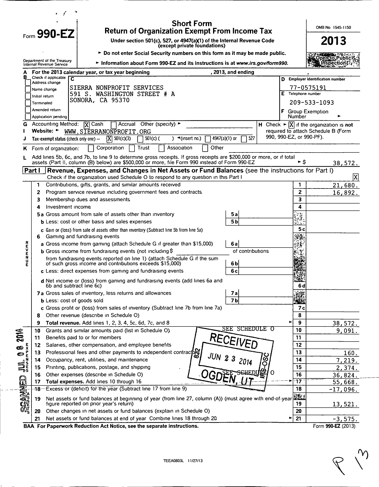 Image of first page of 2013 Form 990EZ for Sierra Non Profit Services