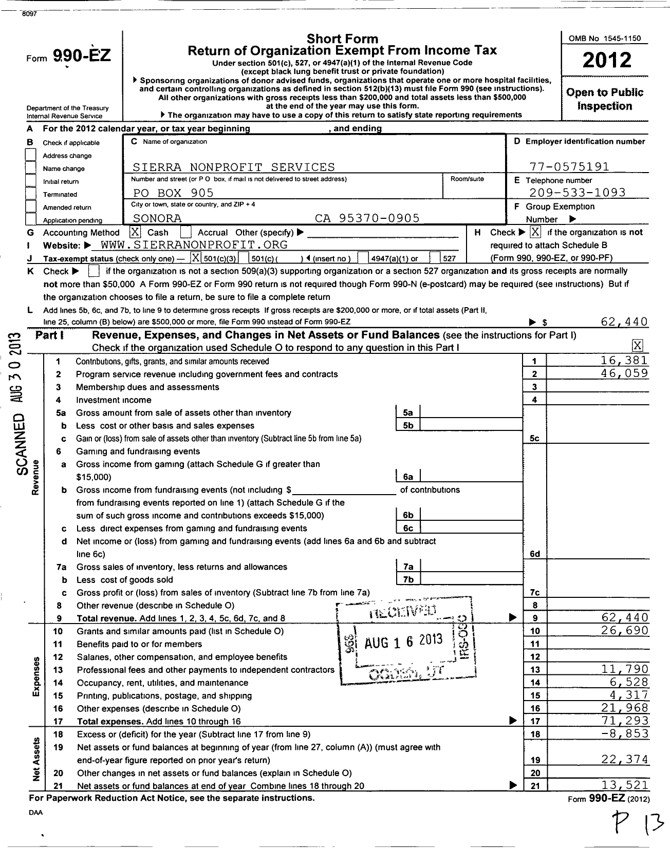 Image of first page of 2012 Form 990EZ for Sierra Non Profit Services