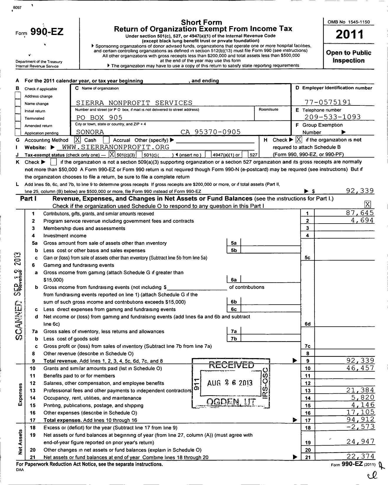 Image of first page of 2011 Form 990EZ for Sierra Non Profit Services