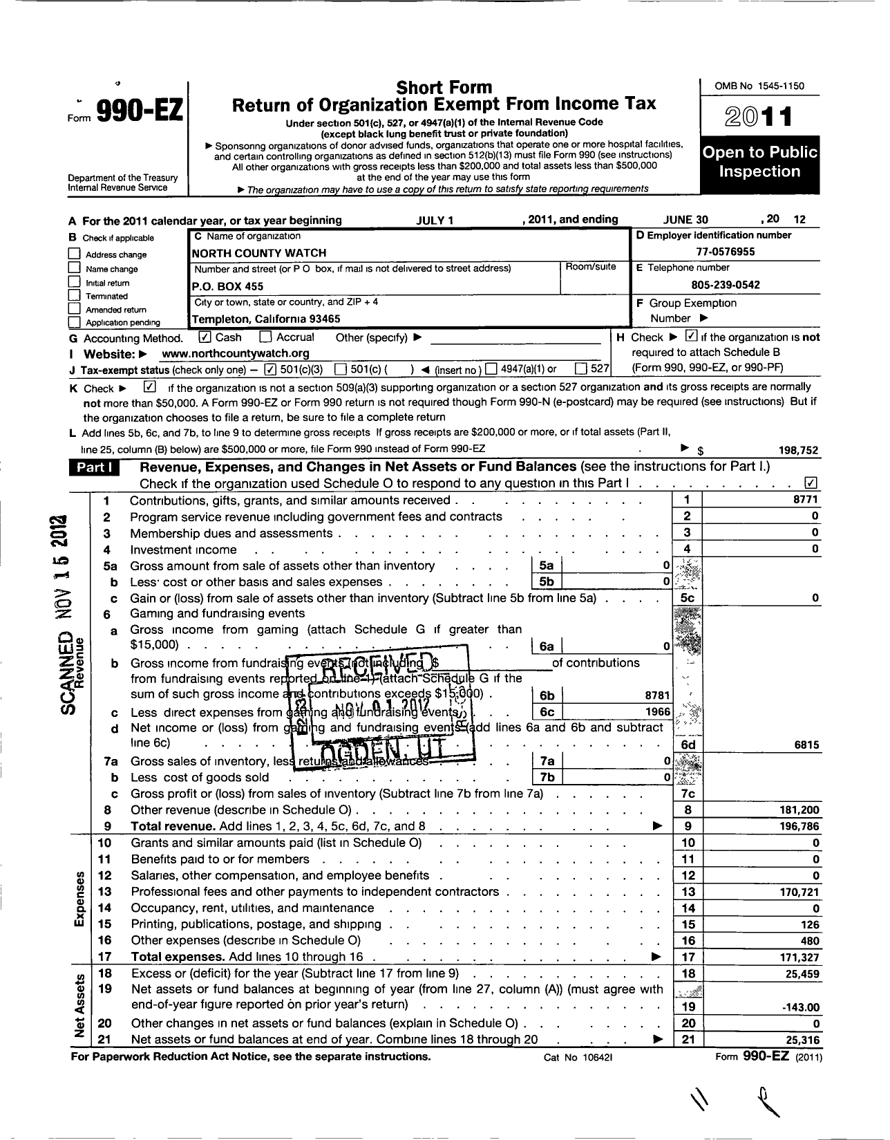 Image of first page of 2011 Form 990EZ for North County Watch