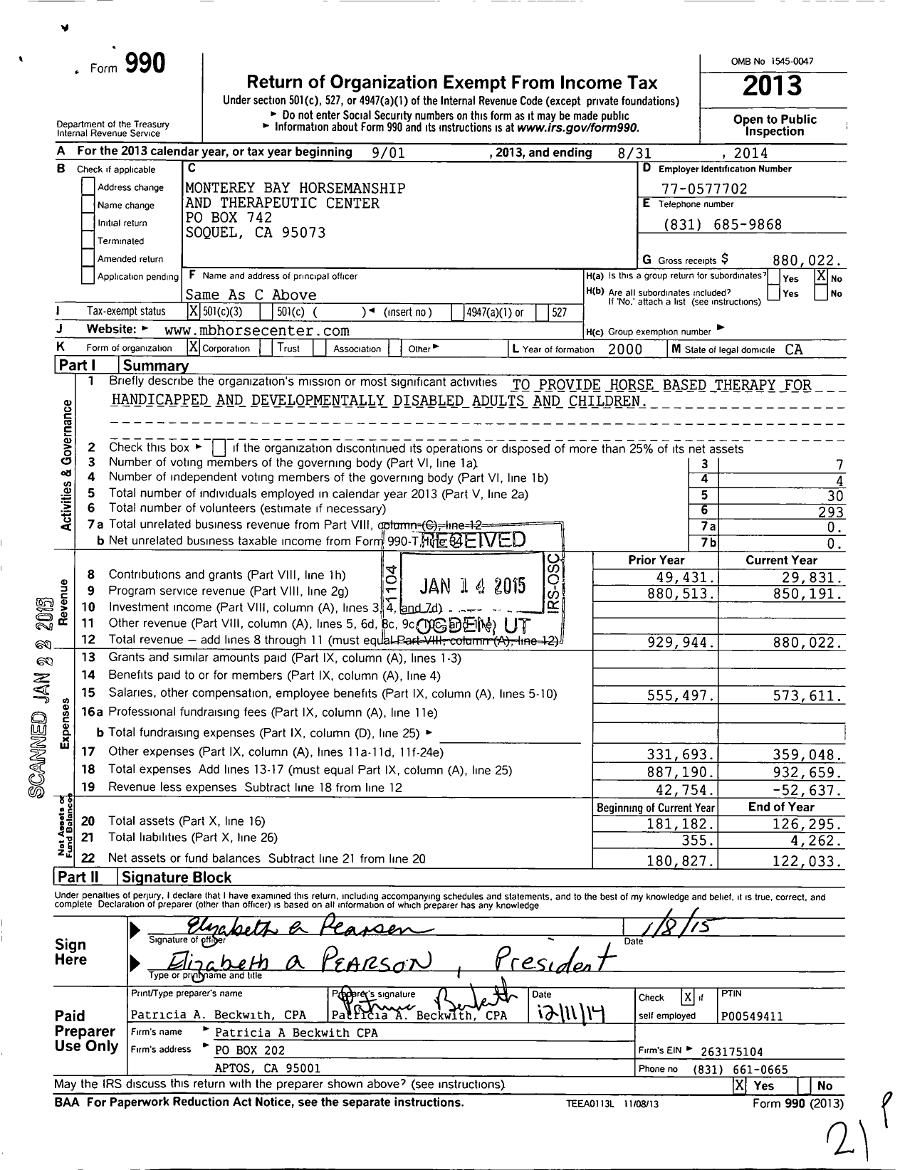 Image of first page of 2013 Form 990 for Monterey Bay Horsemanship & Therapeutic Center