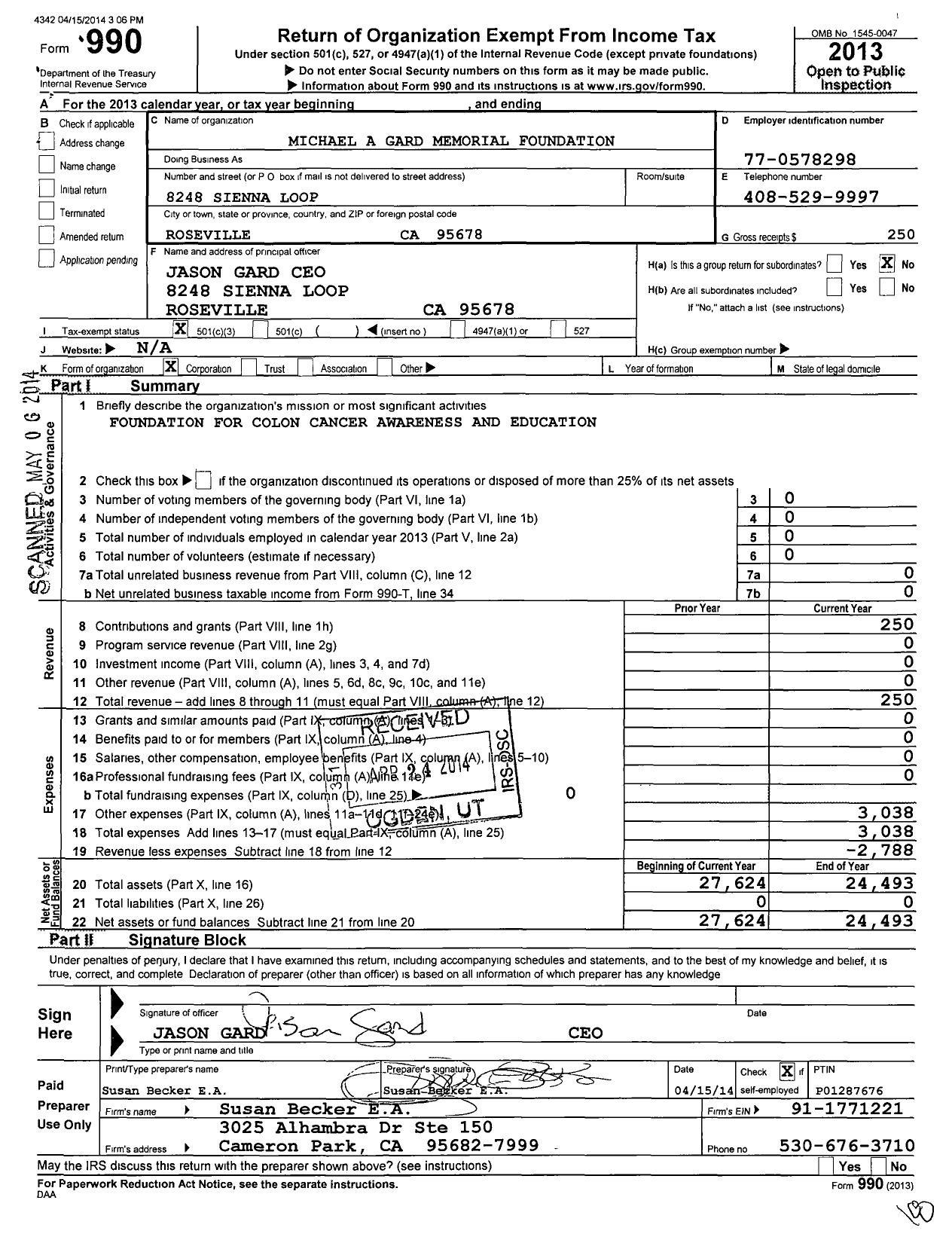 Image of first page of 2013 Form 990 for Michael A Gard Memorial Foundation