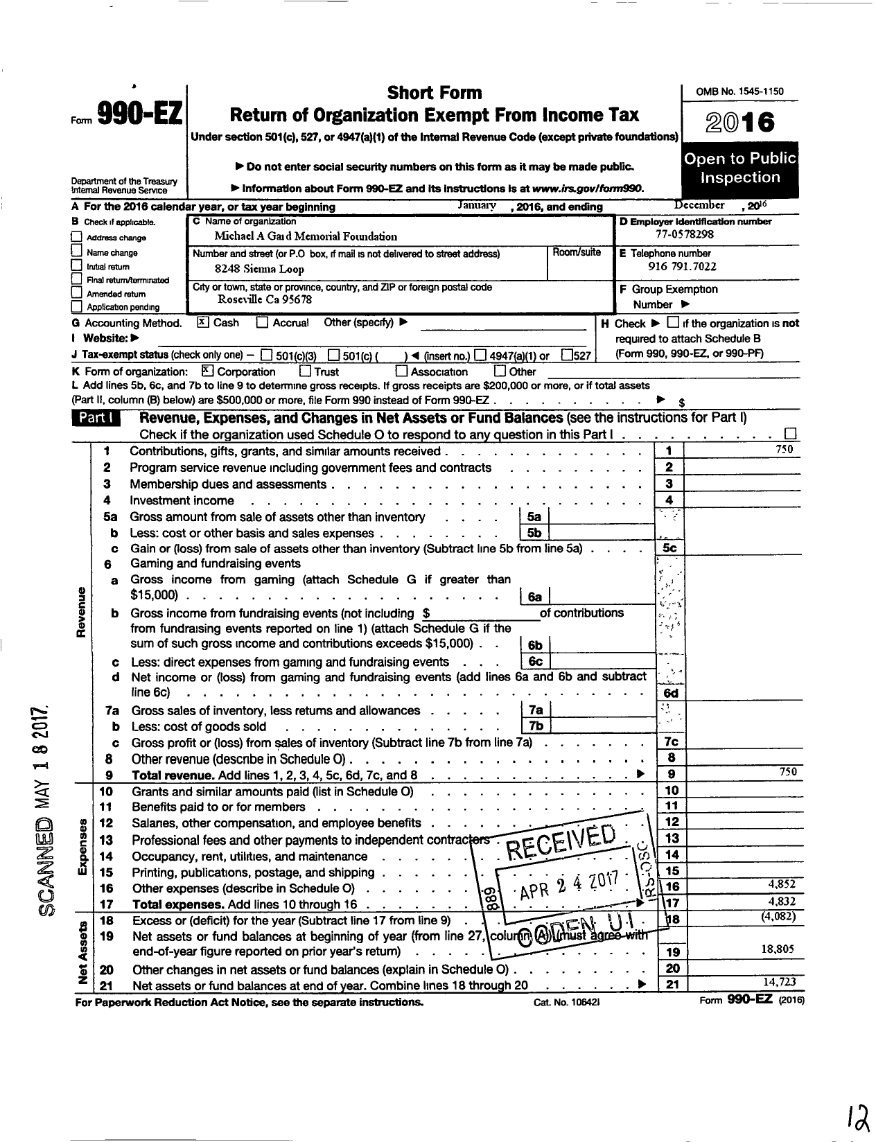 Image of first page of 2016 Form 990EO for Michael A Gard Memorial Foundation