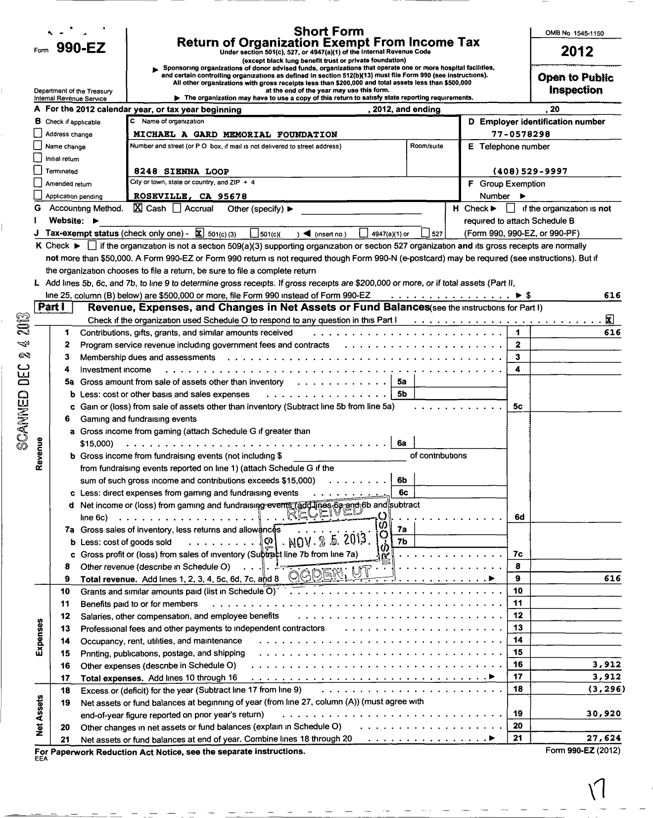 Image of first page of 2012 Form 990EZ for Michael A Gard Memorial Foundation