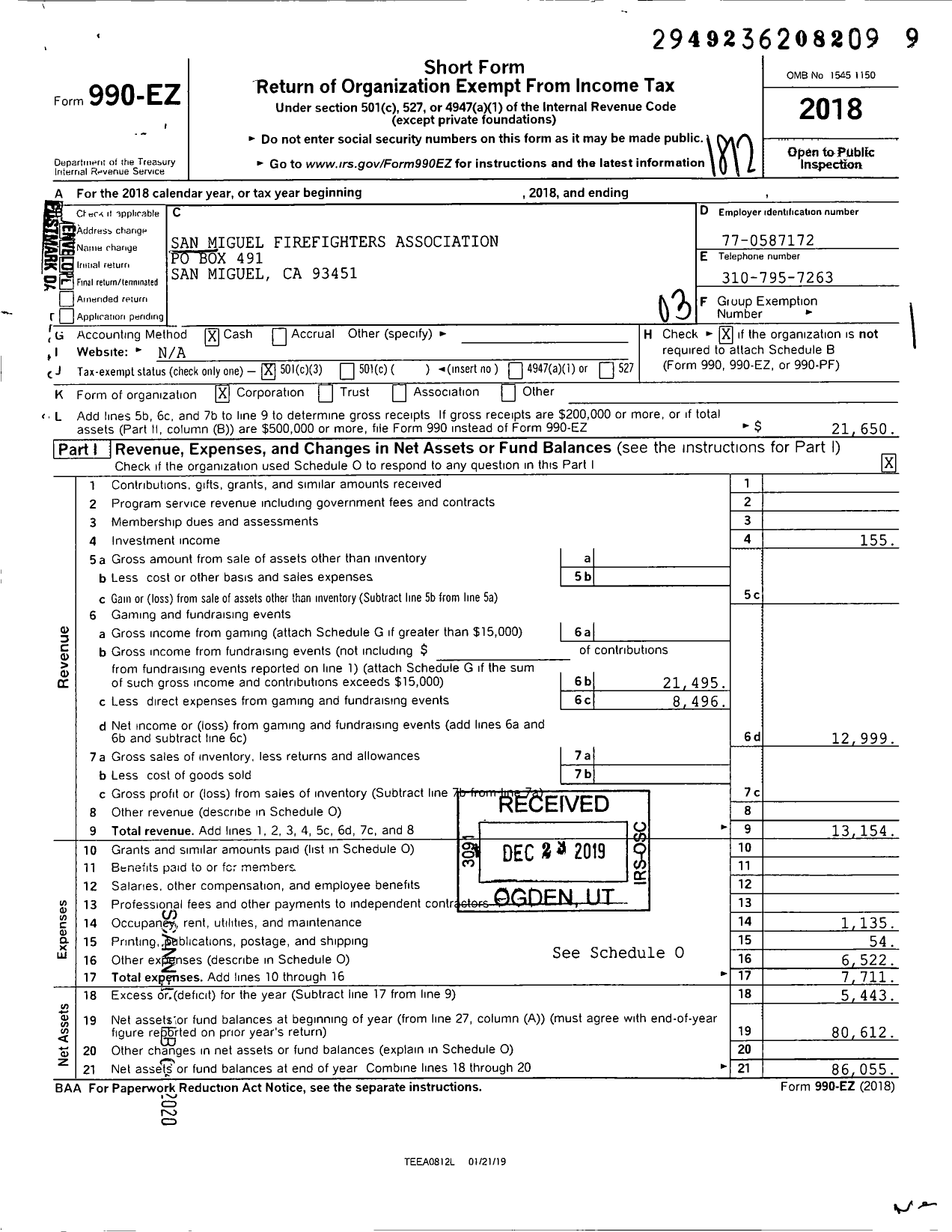 Image of first page of 2018 Form 990EZ for San Miguel Firefighters Association