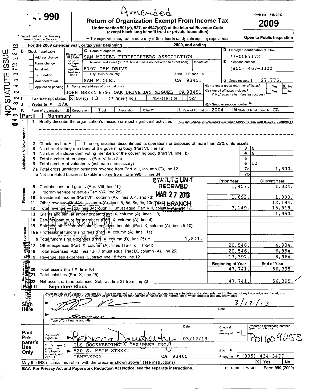 Image of first page of 2009 Form 990 for San Miguel Firefighters Association