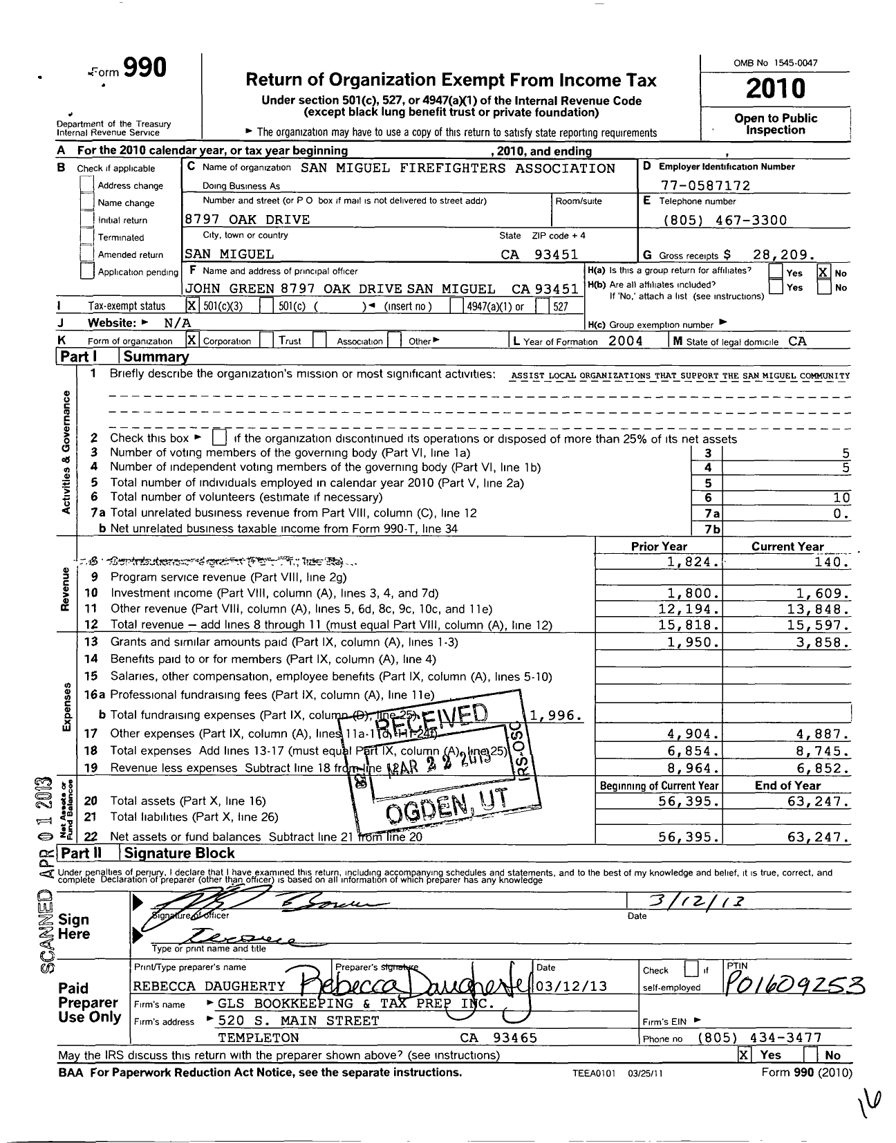 Image of first page of 2010 Form 990 for San Miguel Firefighters Association