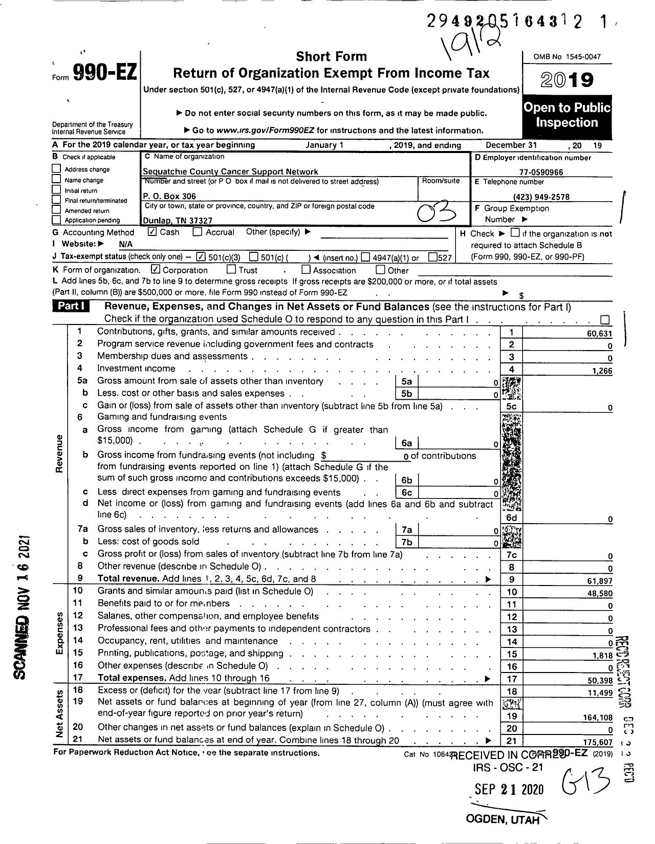 Image of first page of 2019 Form 990EZ for Sequatchie County Cancer Support Network