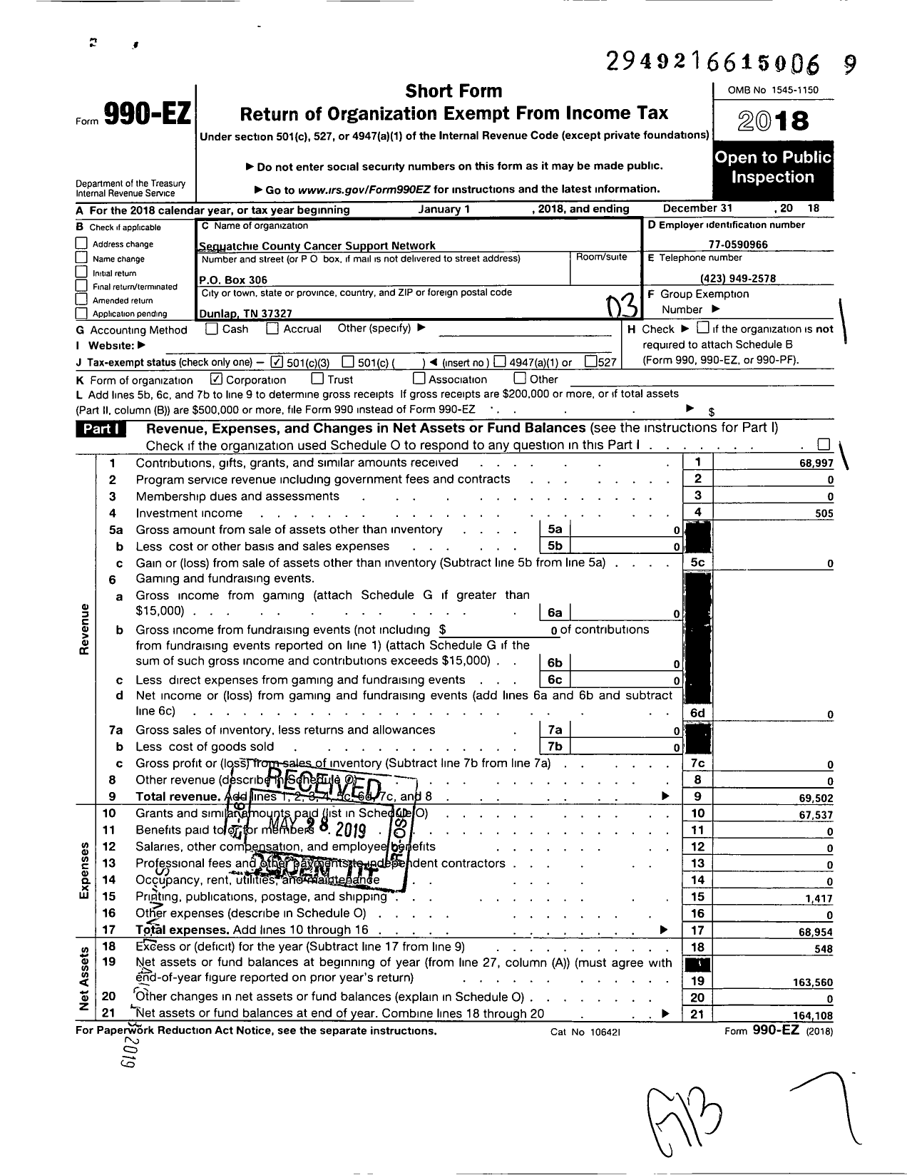 Image of first page of 2018 Form 990EZ for Sequatchie County Cancer Support Network