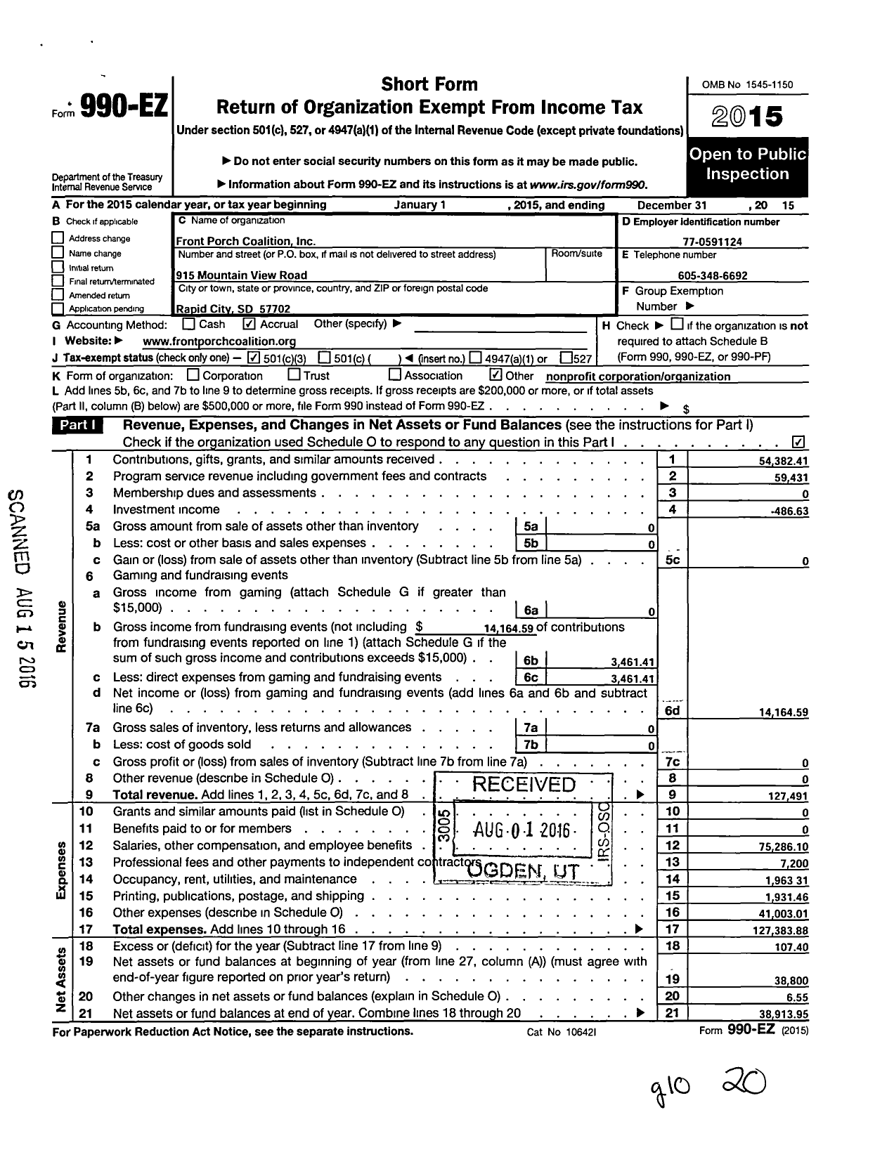 Image of first page of 2015 Form 990EZ for Front Porch Coalition