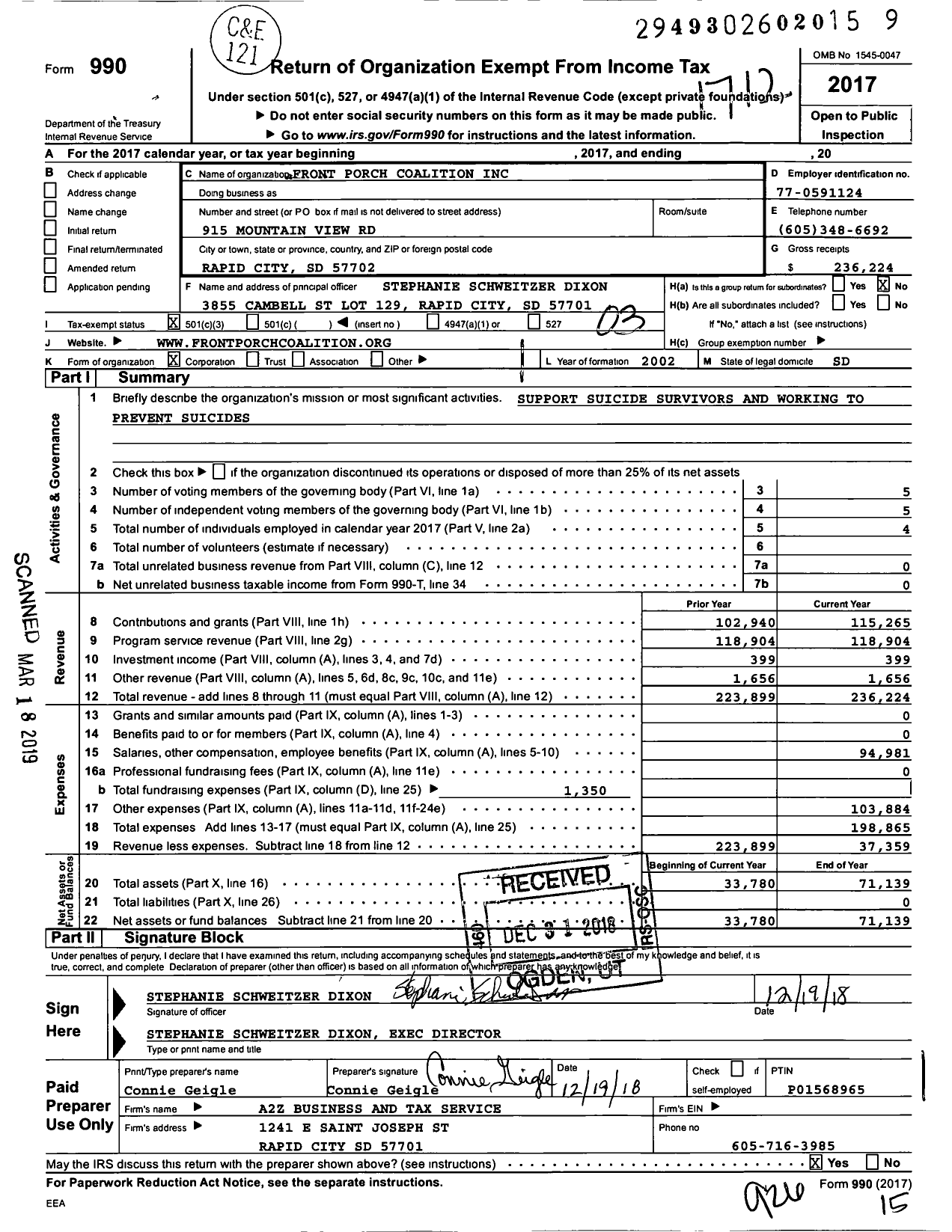 Image of first page of 2017 Form 990 for Front Porch Coalition