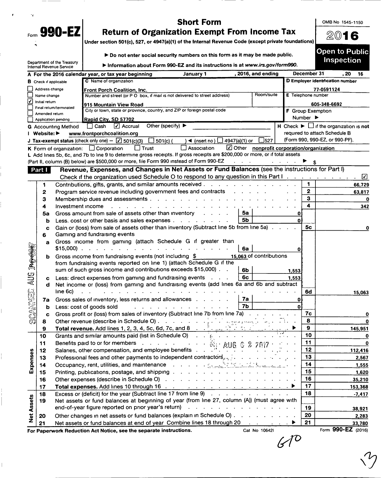 Image of first page of 2016 Form 990EZ for Front Porch Coalition