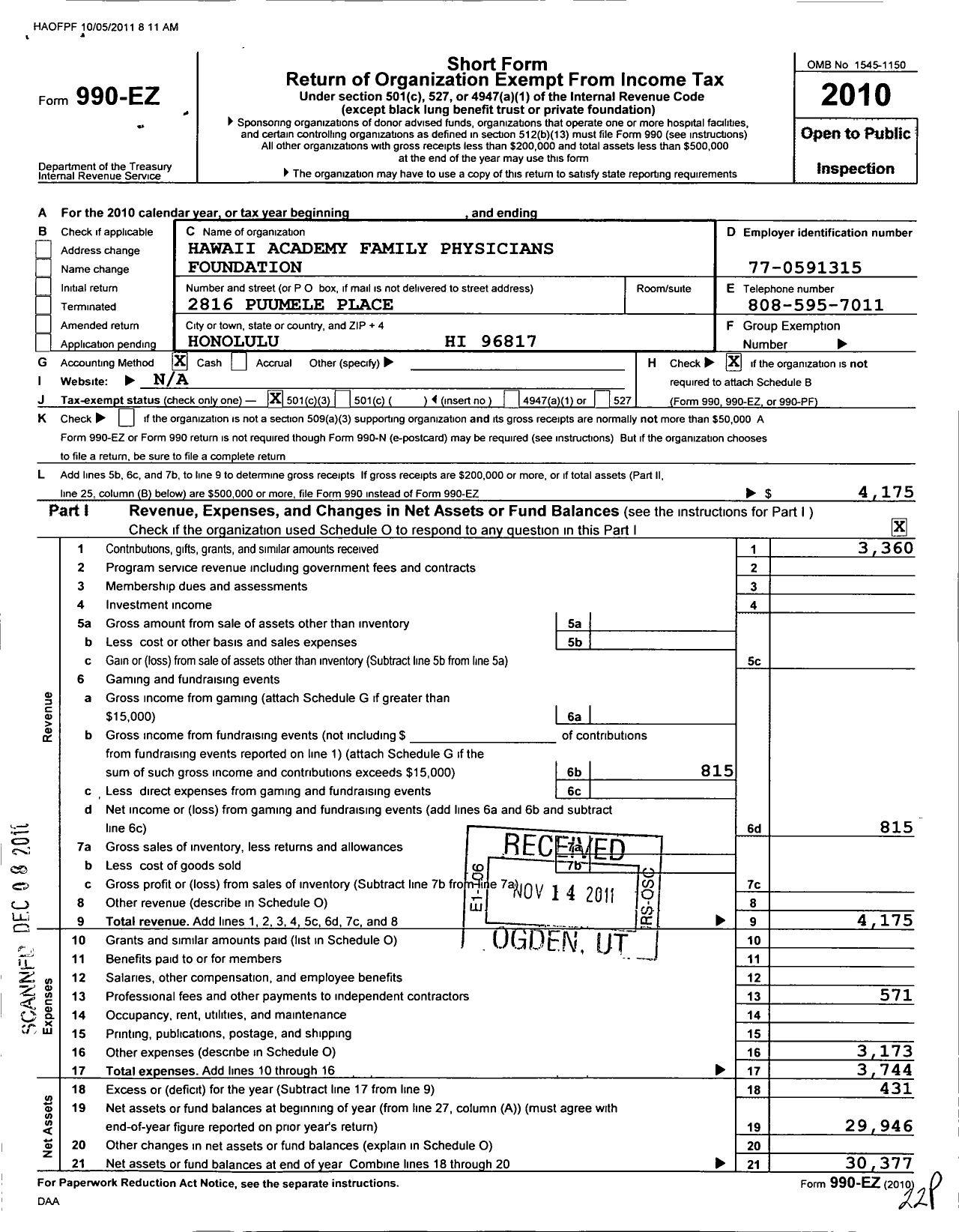 Image of first page of 2010 Form 990EZ for Hawaii Academy of Family Physicians Foundation