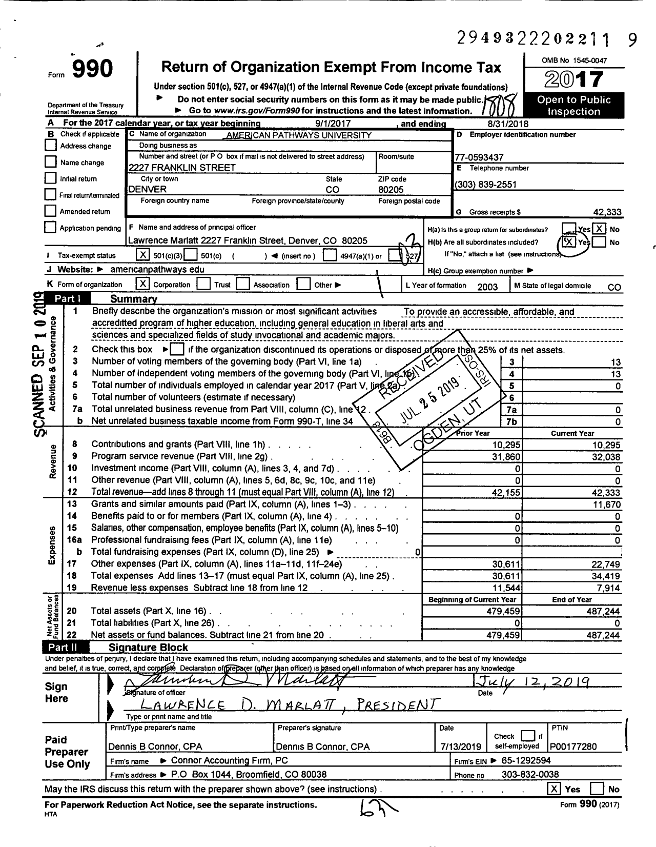 Image of first page of 2017 Form 990 for American Pathways University