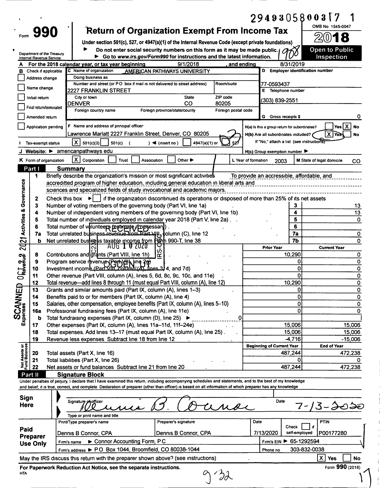 Image of first page of 2018 Form 990 for American Pathways University