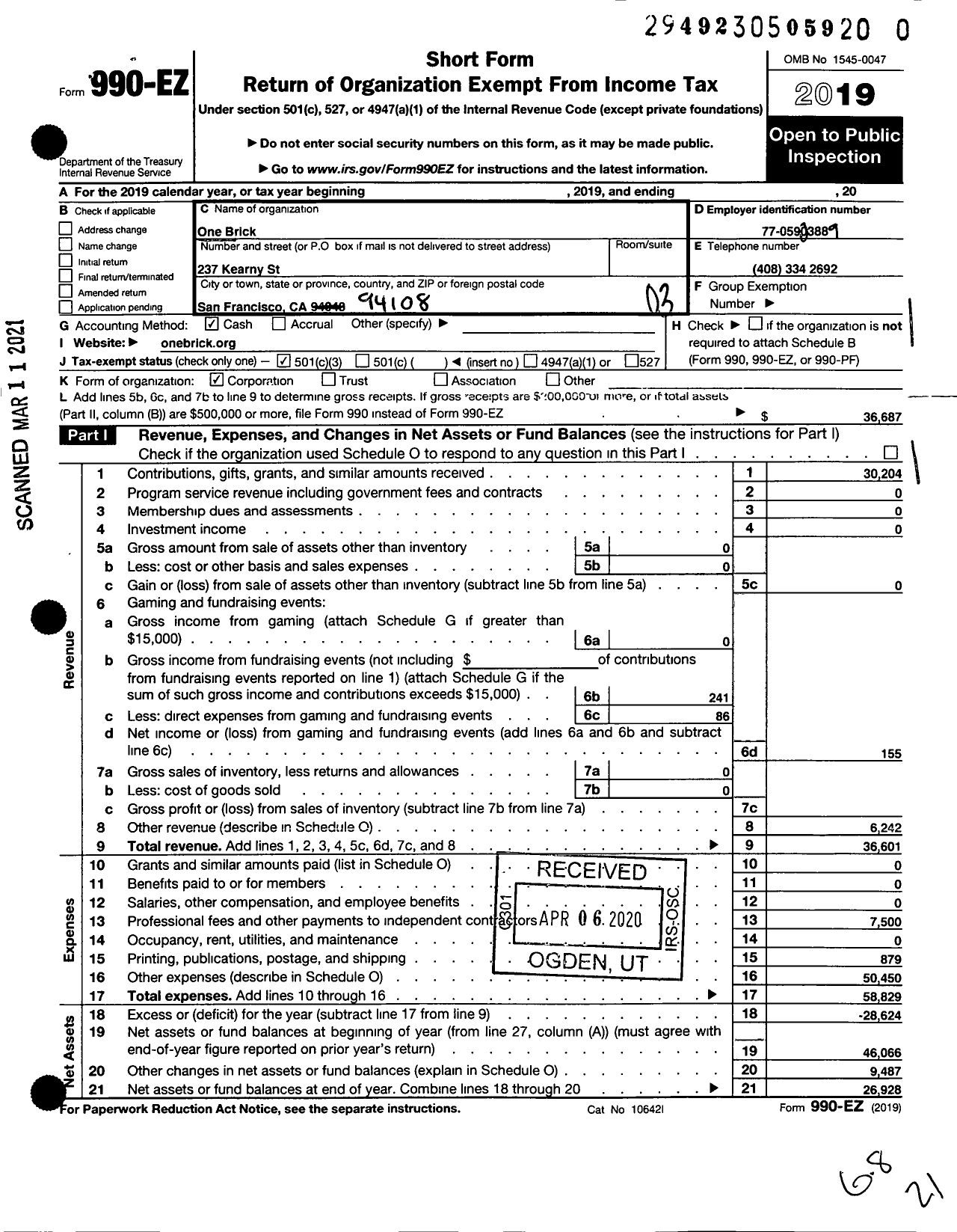 Image of first page of 2019 Form 990EZ for One Brick