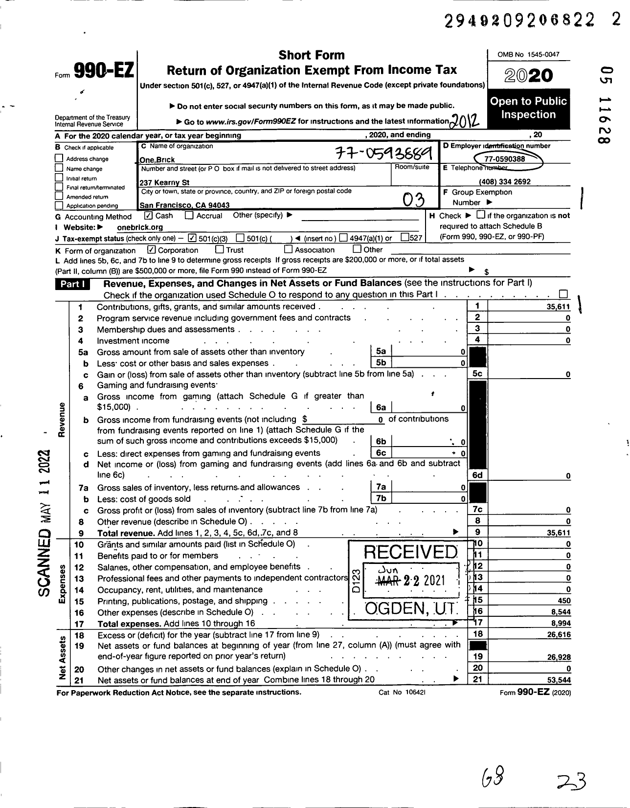 Image of first page of 2020 Form 990EZ for One Brick